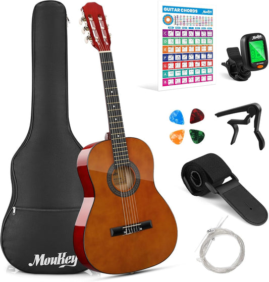 Moukey 36" Acoustic Guitar for Beginners Kids Youth 3/4 Size Dreadnought Travel Guitarra Acustica Kit with Chord Poster, Gig Bag, Tuner, Picks, Nylon Strings, Capo, Strap - Brown