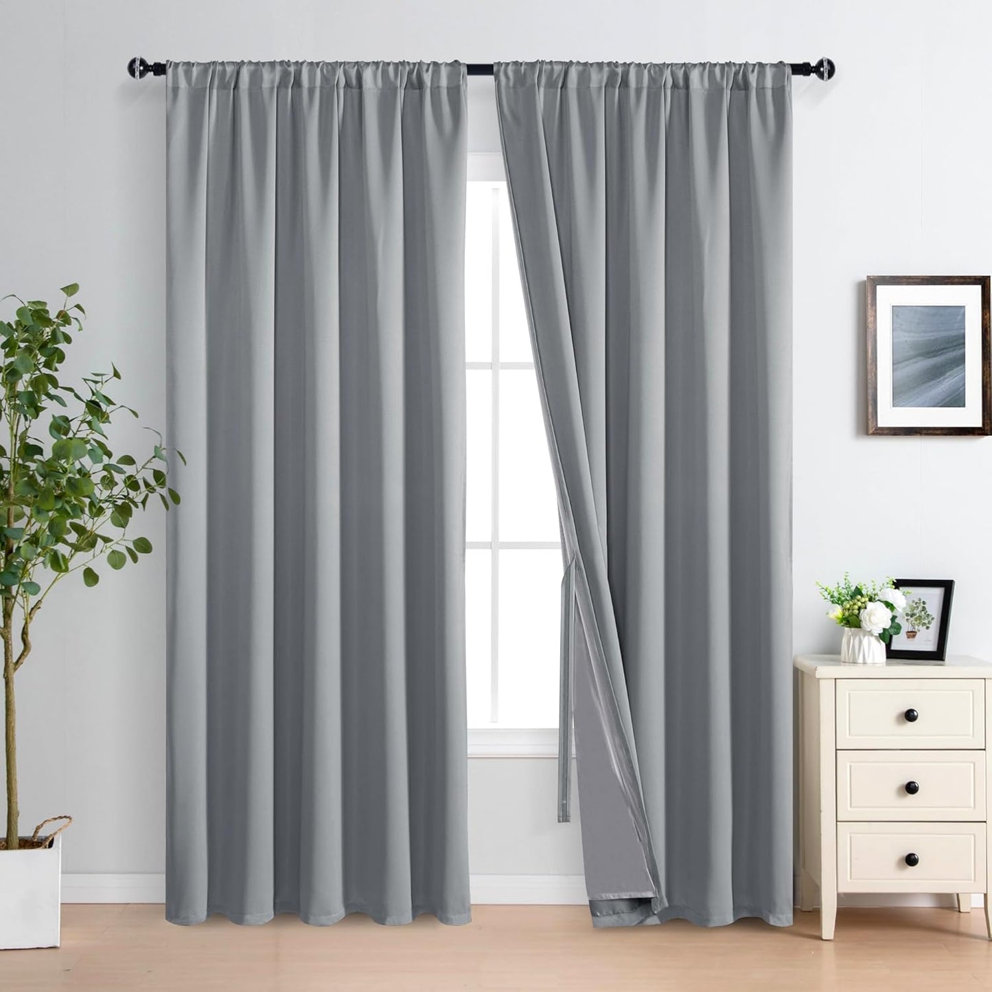 XWZO 100% Blackout Curtains with Tiebacks- Extra Wide Privacy Protection & Noise Blocking Window Draperies with Black Liner for Bedroom/Living Room, Rod Pocket, Grey, W70 x L84, Set of 2
