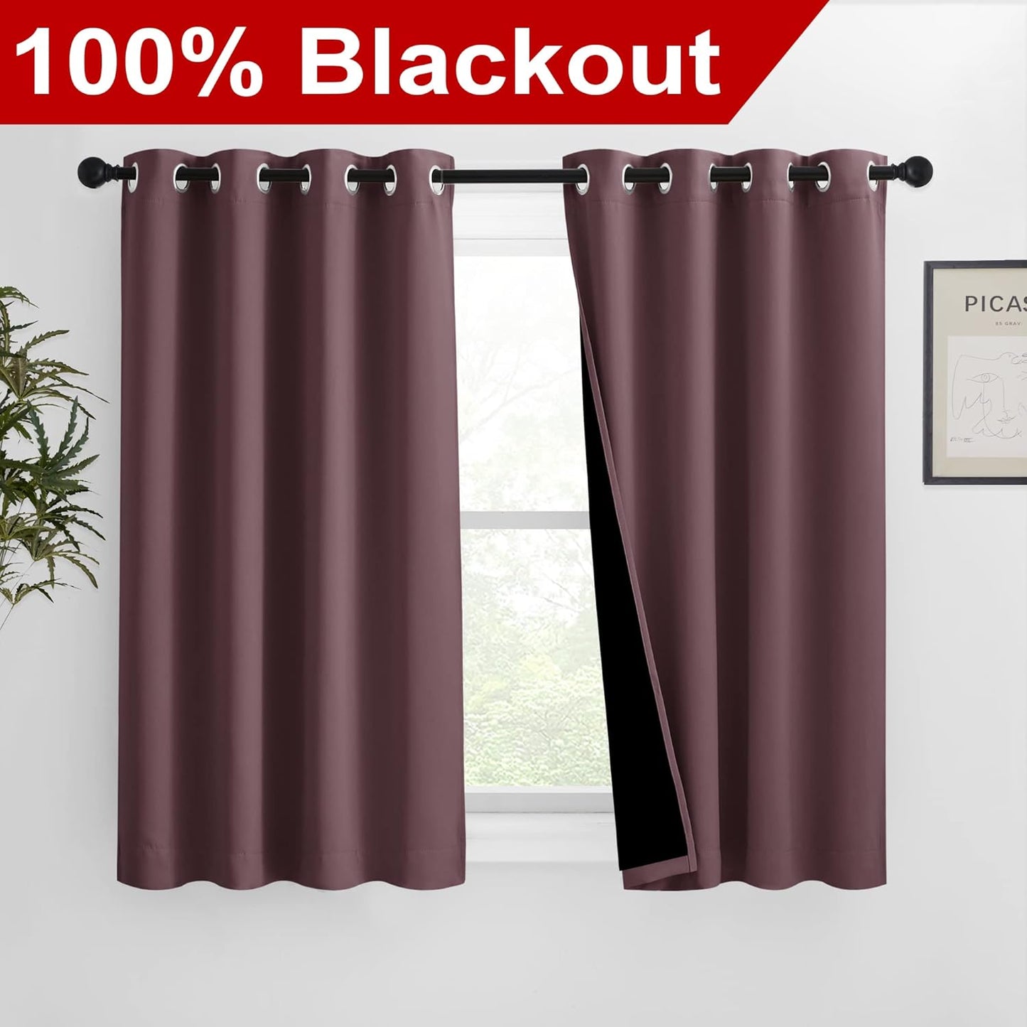 NICETOWN Warm Curtains for Winter, Bedroom Full Blackout Curtain Panels, Great Job for Blocking Light, Complete Blackout Draperies with Black Liner for Night Shift (Dry Rose, Set of 2, 46 by 54-inch)