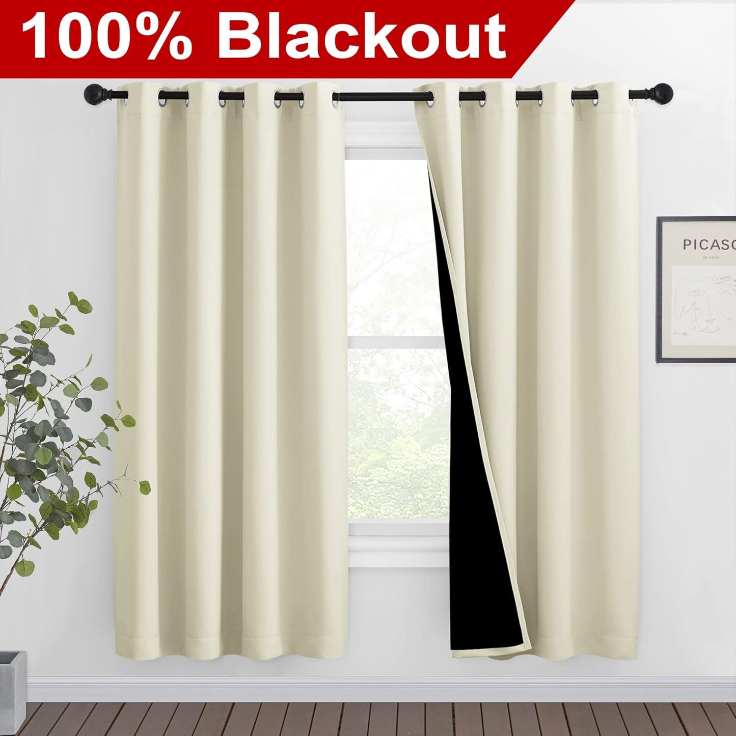 NICETOWN Living Room Completely Shaded Draperies, Privacy Protection & Noise Reducing Ring Top Drapes, Black Lined Insulated Window Treatment Curtain Panels (Beige, 2 Pieces, W46 x L72)