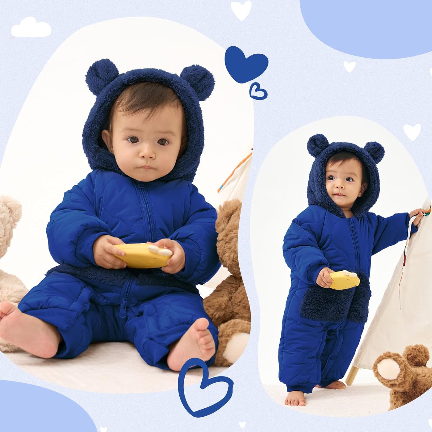 JiAmy Baby Snowsuit Newborn Winter Clothes Coat Romper Windproof Fleece Hat Zipper Baby Bear Outfit