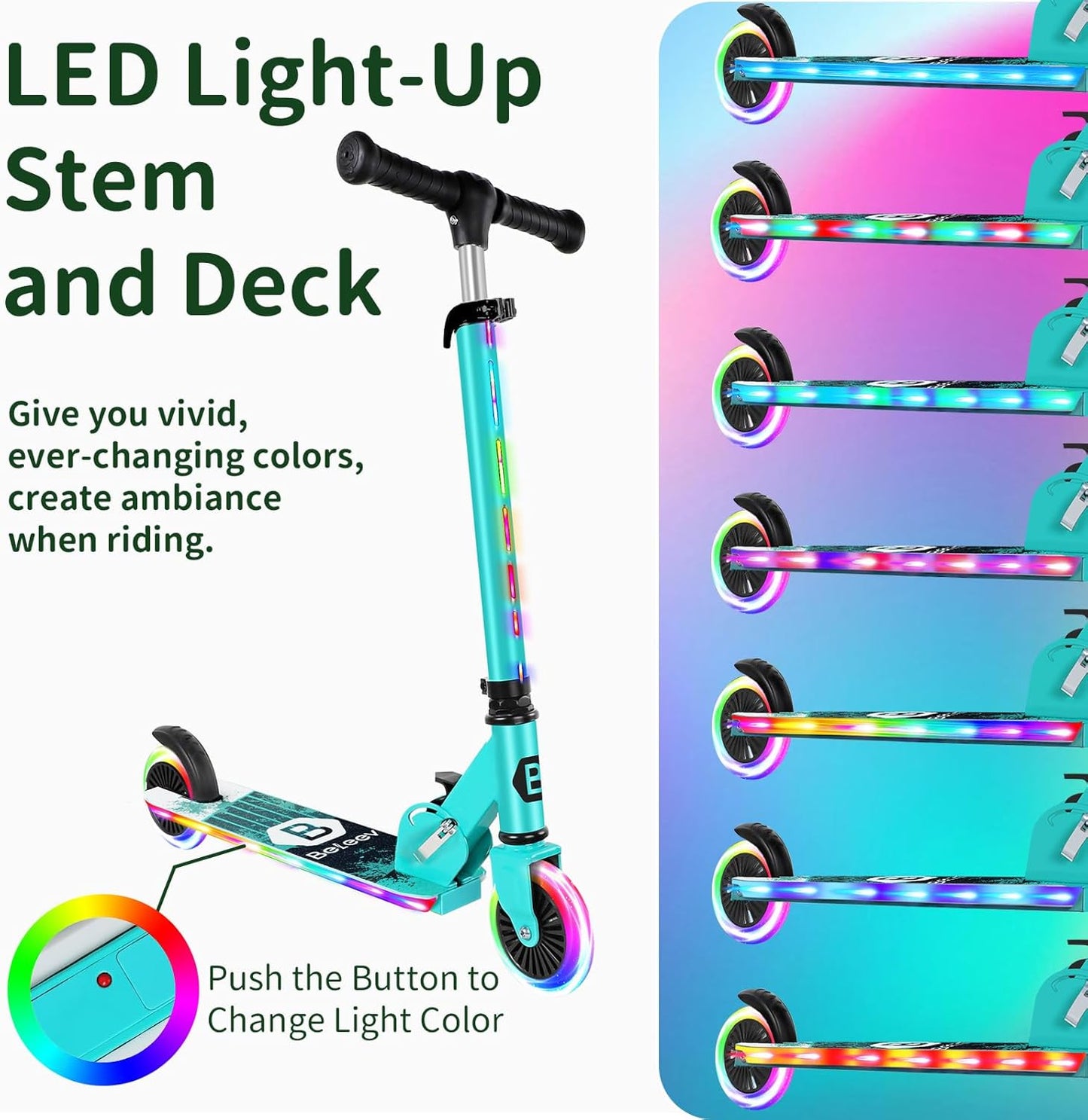 BELEEV V2 Scooters for Kids with Light-Up Wheels & Stem & Deck, 2 Wheel Folding Scooter for Girls Boys, 3 Adjustable Height, Non-Slip Pattern Deck, Lightweight Kick Scooter for Children Ages 3-12
