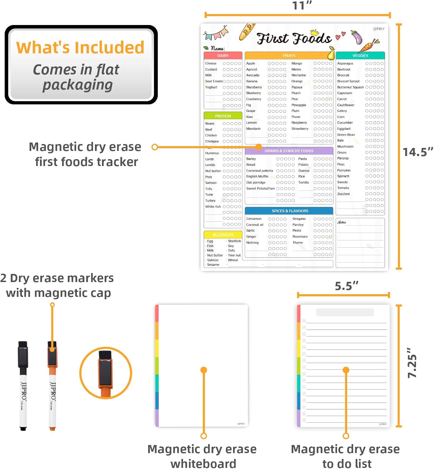 Newborn Baby or Toddler First Foods Tracker Whiteboard-Magnetic Dry Erase Daily Food Log-Reusable Daily Planner Chart to Log Feeding Food/Food Checklist/to-Do List - for New Parents,Nanny, Babysitter