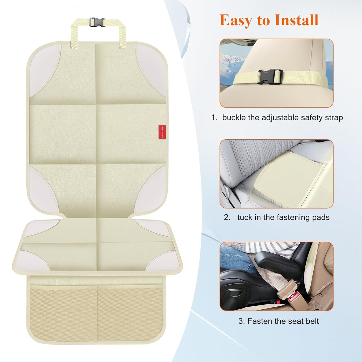 Car Seat Protector, 2 Pack 600D Fabric Seat Protector Under Baby Car Seat with Upgraded Non-Slip Backing, Thickest Padding, Mesh Storage Pockets