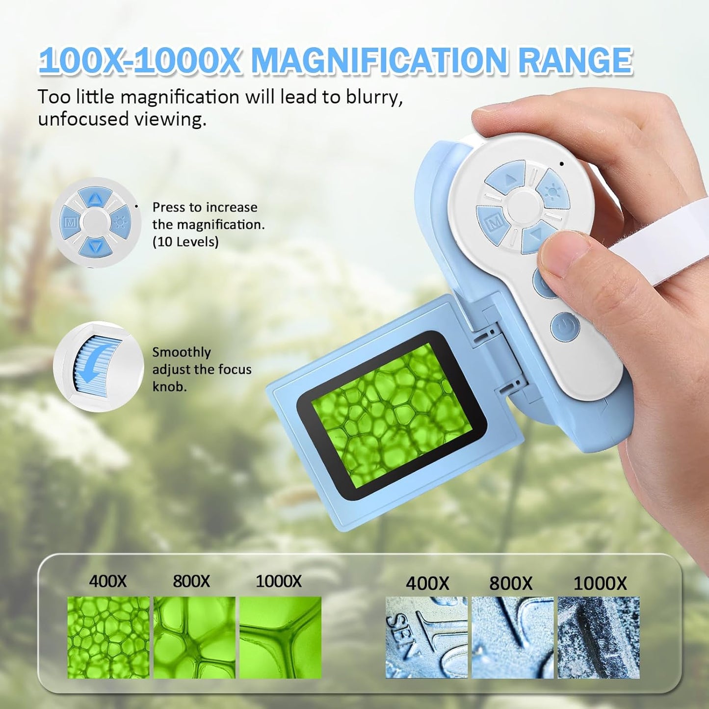 1000X Handheld Microscope for Kids, 4K 2.0" Screen Mini Pocket Microscope with 6 Adjustable LED Lights, Edu Science Birthday Gifts for Kids Ages 8-12, 32G SD Card Included - Blue