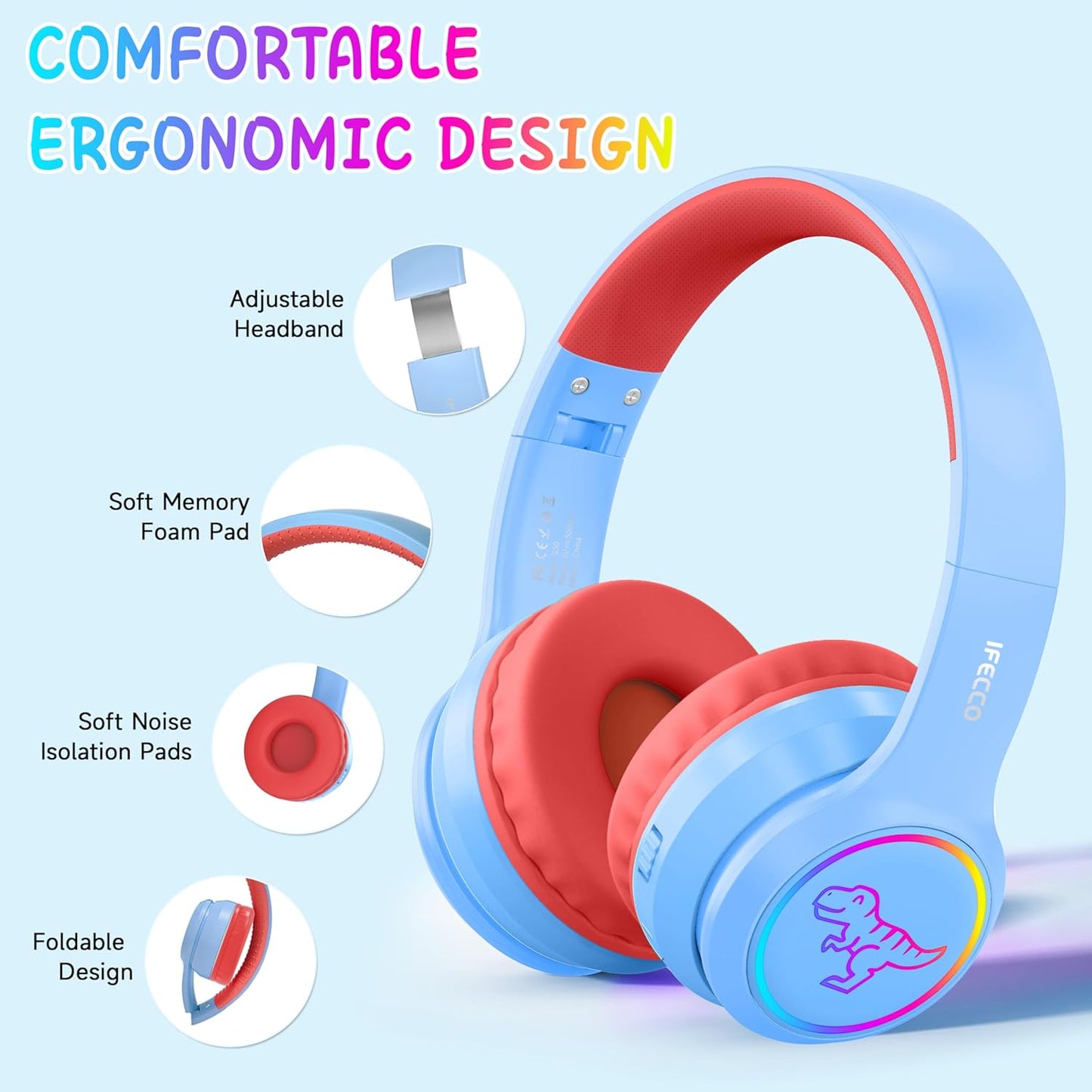 IFECCO Bluetooth Kids Boys Headphones with Microphone,Cute Light Up Dinosaur Children Wireless Headphones Volume-limiting for School Travel,Boys Gifts for 3-12years