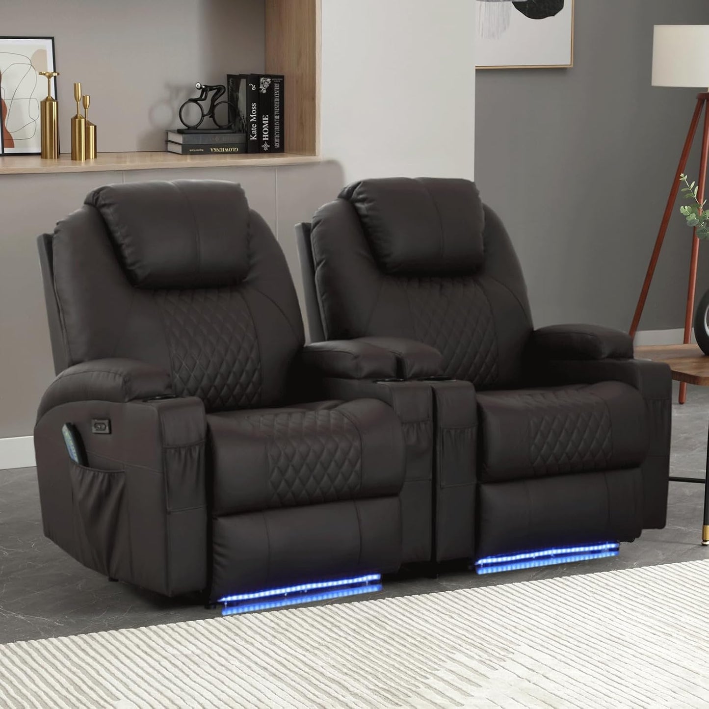 Power Recliner Chair with Heat and Massage for Adults - Home Theater Seating with LED Lights,Cup Holders,Side Pocket,USB Port - Recliner Sofa for Living Room(Brown, Set of 2)