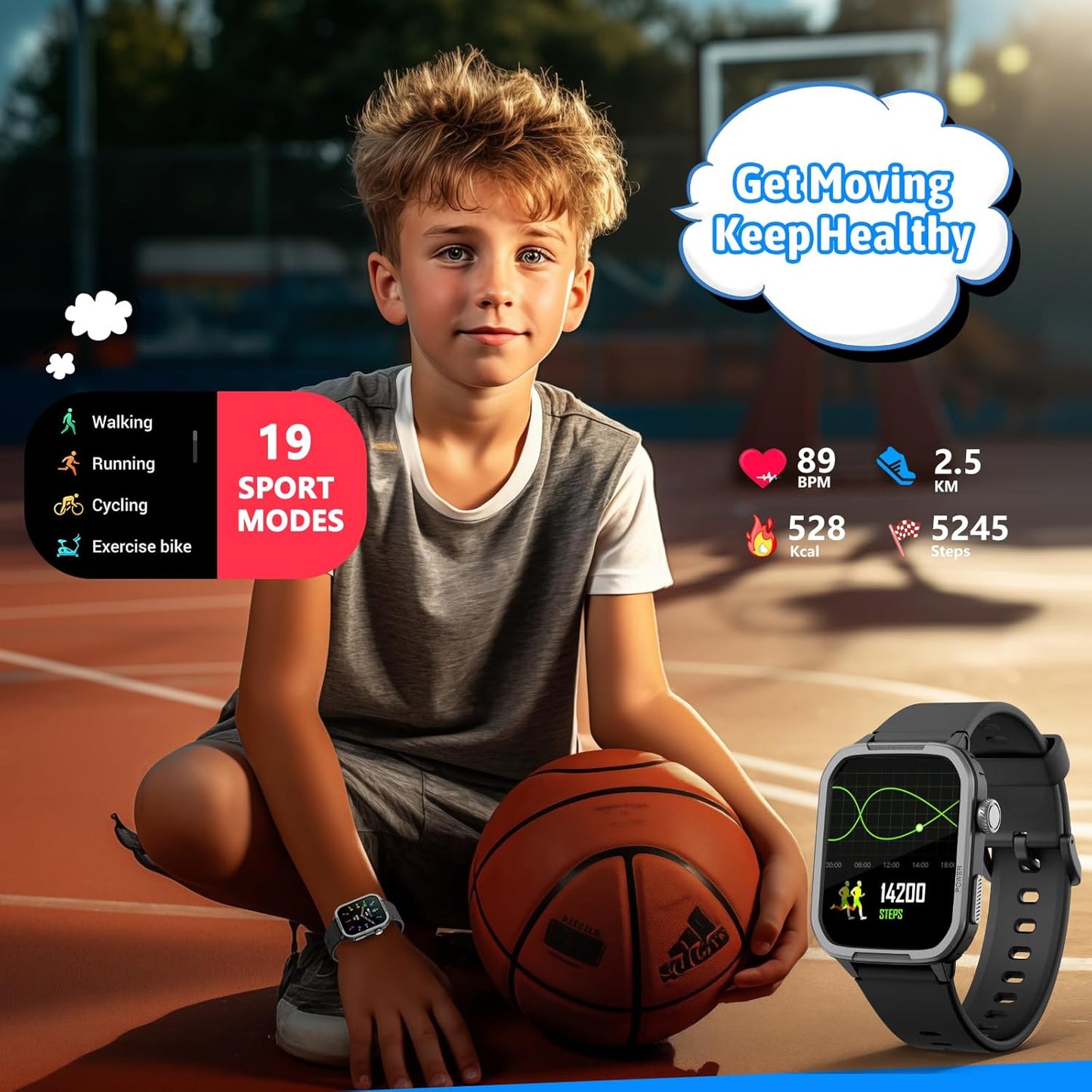 Smart Watch for Kids No Phone Needed, Tempered Glass Fitness Tracker Boy Teens with 19 Sport Modes, Pedometer, Sleep Monitor, Kids Watch Birthday Gifts Toy Gift for Girls Boys 6-16 (Black)