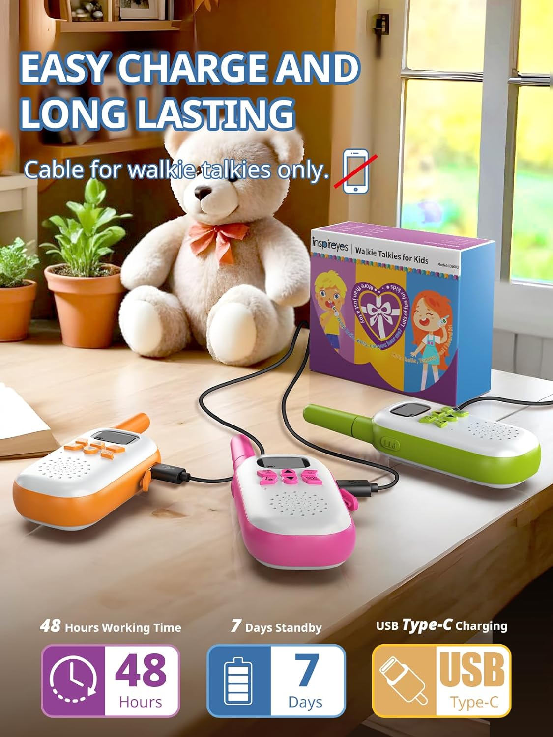 Walkie Talkies for Kids Rechargeable,Toys for Boys and Girls Ages 3-12, 3 Pack Long Range 2-Way Radios, Birthday Gifts,Christmas Stockings, Outdoor Play, Family Games, Hiking Camping Gear