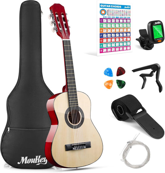 Moukey 30" Acoustic Guitar for Beginners Kids Youth 1/4 Size Dreadnought Guitarra Acustica Kit with Chord Poster, Gig Bag, Tuner, Picks, Nylon Strings, Capo, Strap - Natural