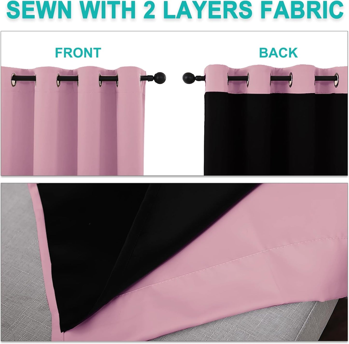 NICETOWN 100% Blackout Blinds, Laundry Room Decor Window Treatment Curtains for Large Patio Sliding Door, Thermal Insulated Crystal Pink Curtains for Bedroom, Set of 2, 55 inches x 102 inches