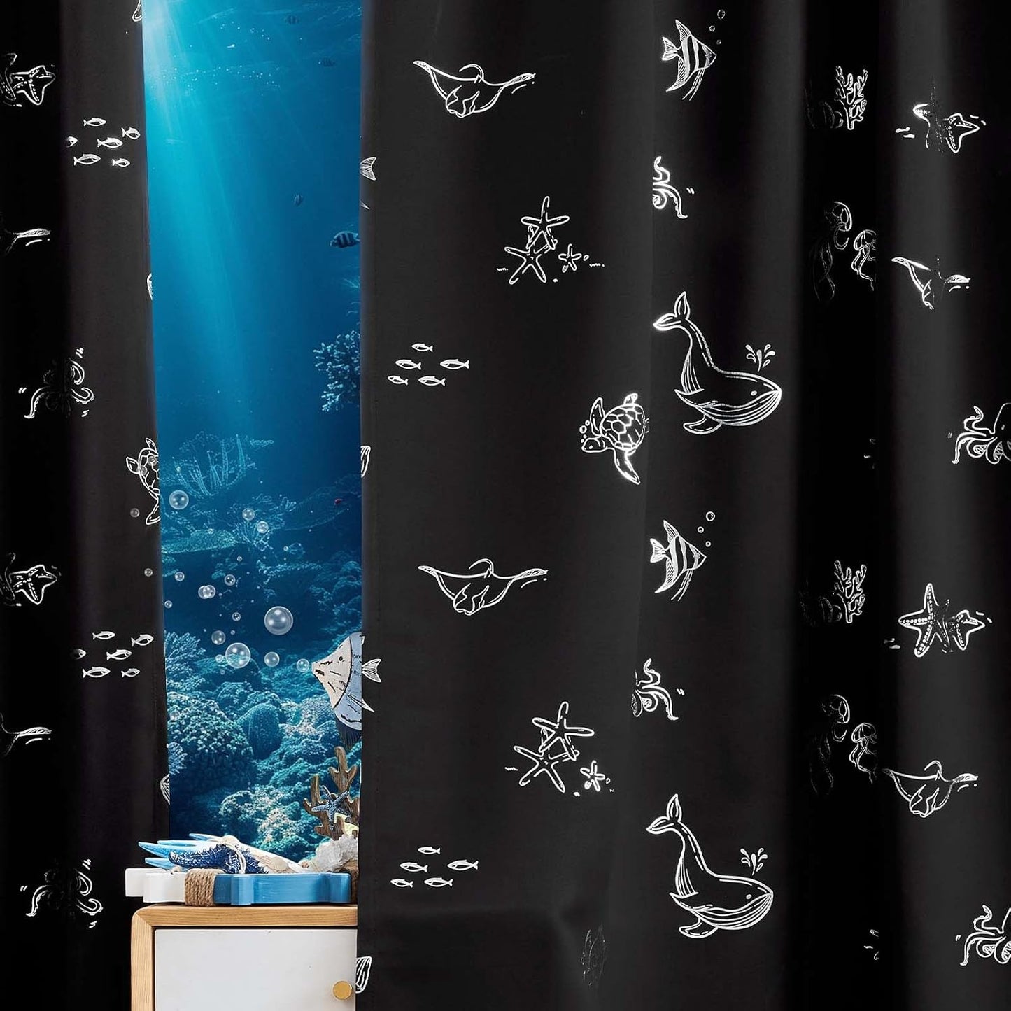 Vangao Kids Curtains for Boys Bedroom Kids Blackout Curtains 84 Inch Length Ocean Aquarium Nursery Drapes for Girls Bedroom Silver Sea Animals Print Thermal Insulated Drapes, Black 2 Panels