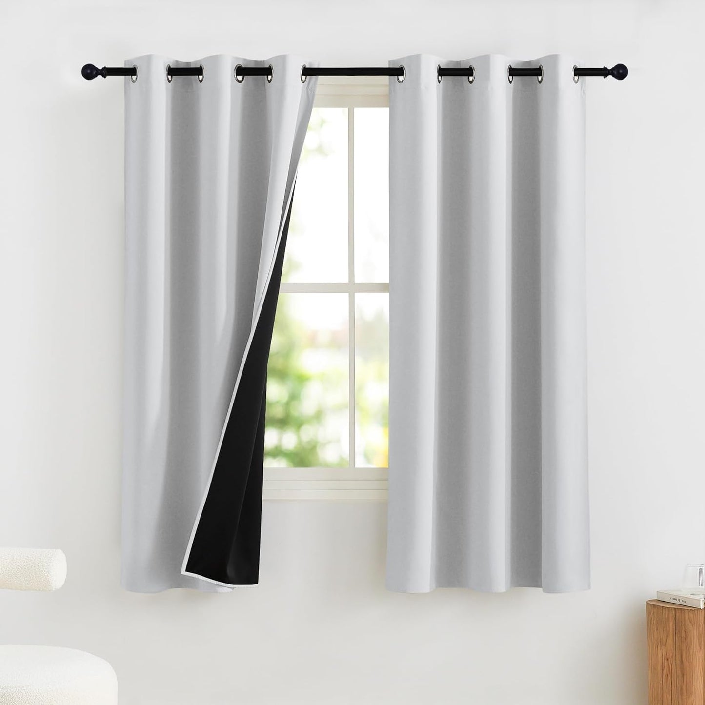 NICETOWN 100% Blackout Short Curtains for Bedroom 63 Inches Long, Grommet Top Living Room Drapes, Thermal Insulated Blackout Curtains 2 Panels Set, 42" W x 63" L, Greyish White