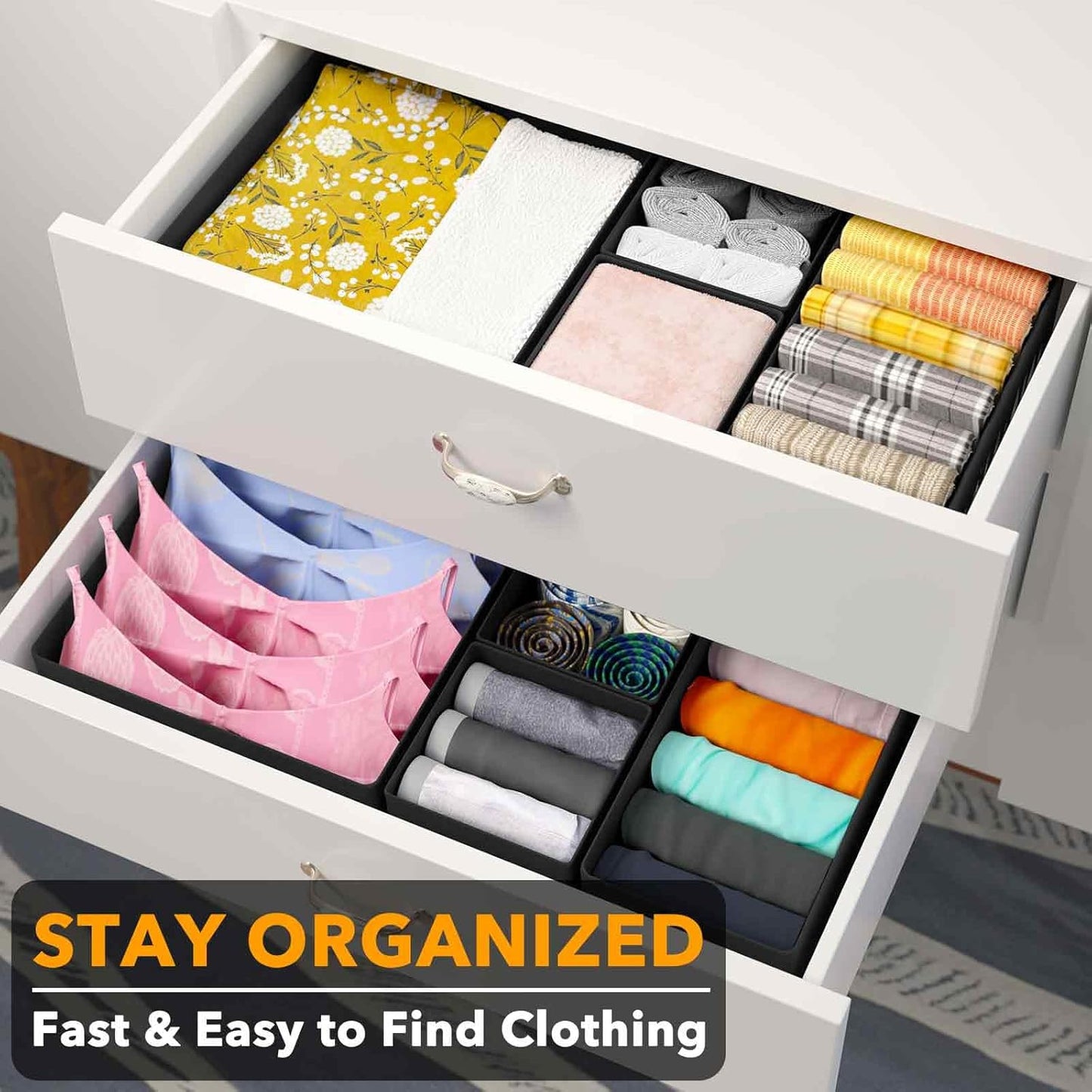 SpaceAid Drawer Organizer for Clothes, 6 Pack Dresser Drawer Organizer Bins, Closet Organizers and Storage Dividers for Clothing, Underwears, Socks (Black)