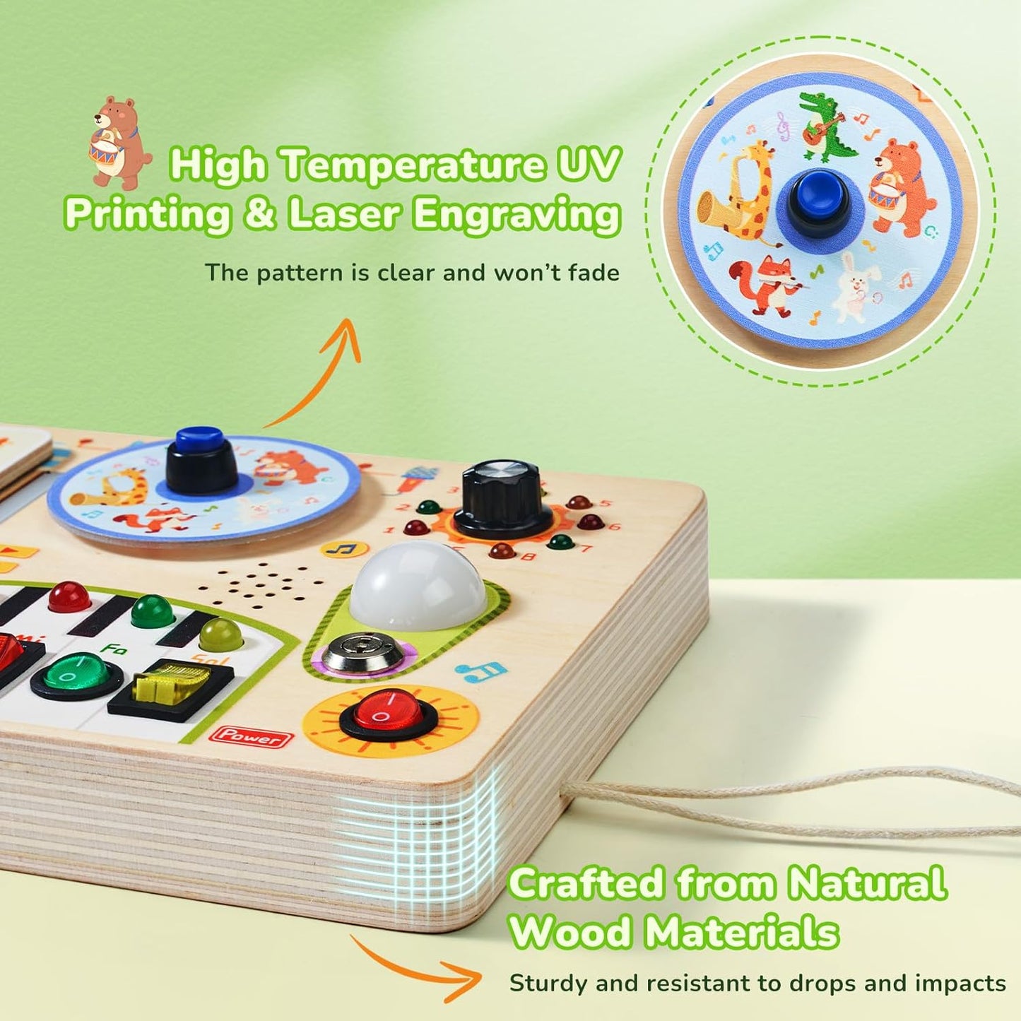 JoyCat Busy Board with Led Light, Toddler Toys for 1 2 3 4 Year Old Boys and Girls, Wooden Sensory Toys with Music, Travel Toy for Toddlers 1-3, Birthday Presents (Yellow)