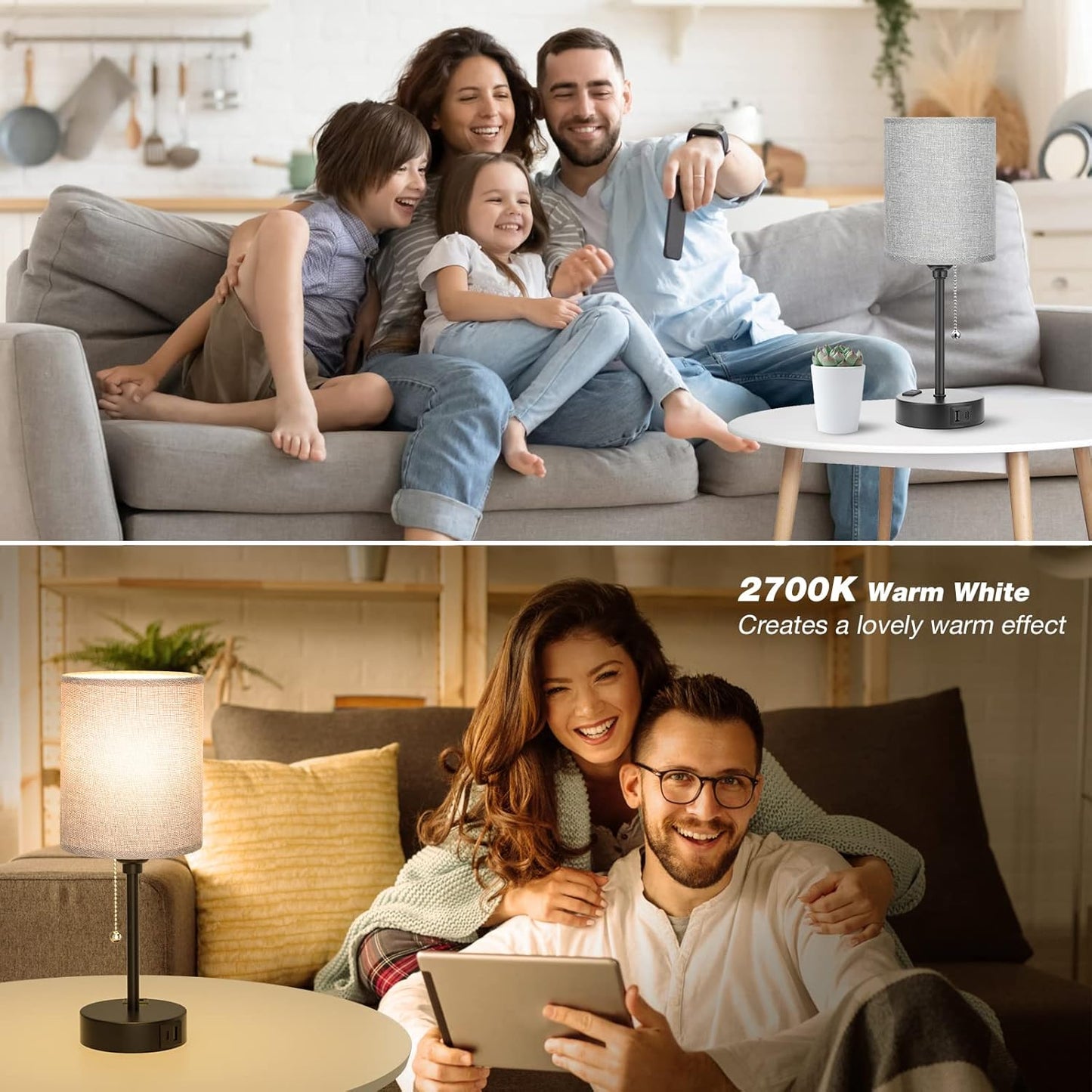 Grey Nightstand Lamps 3 Color Temperatures - 2700K 3500K 5000K Bedside Lamps with USB C and A Ports, Pull Chain Table Lamps with AC Outlet, Small Lamps with Black Metal Base for Sleeping Reading