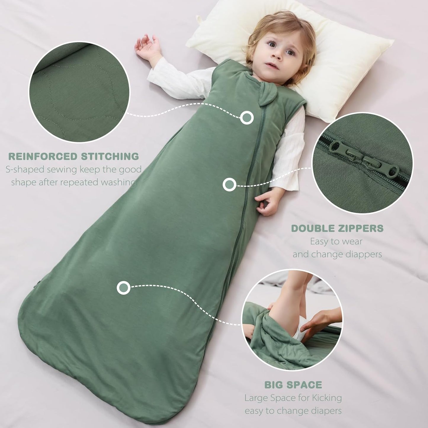 Mosebears Unisex Baby Sleep Sack 1.0 TOG, Supersoft Rayon Made from Bamboo Wearable Blanket with 2-Way Zipper (Dark Green,6-18 Months)