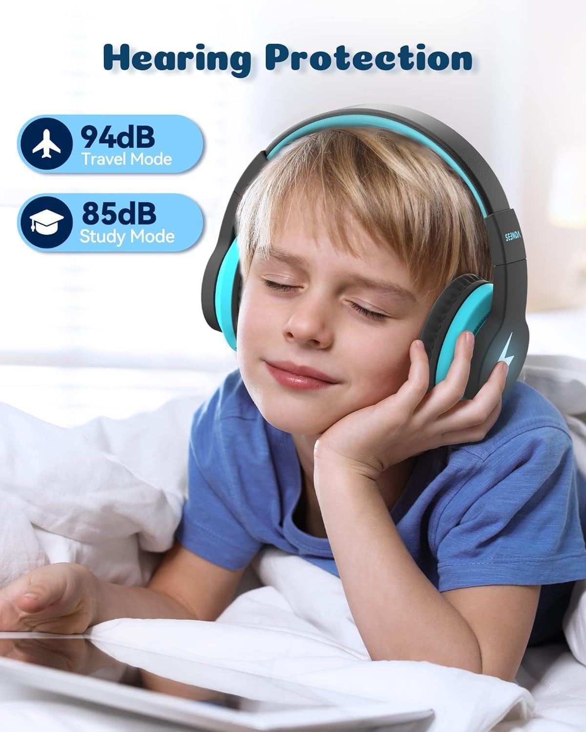 seenda Kids Bluetooth Headphones Boys, Kids Wireless Headphones with 85/94dB Volume Limited, 45H Playtime, 3 Lighting Modes, Built-in Mic, Over Ear Headset with Aux Cord for iPad/Tablet/Travel/School