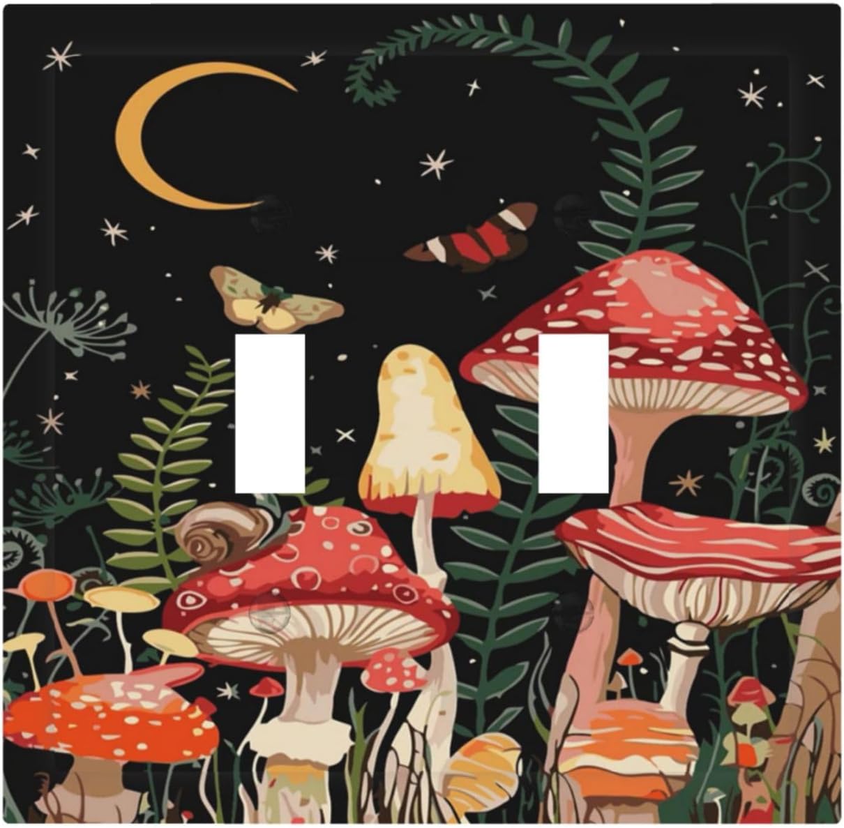 Moon Star Red Mushroom Forest Butterfly Green Plant Decorative Switch Plates 2 Gang Double Toggle Outlet Light Switch Cover Wall Plate Electrical Faceplate for Kids Room Home Decor