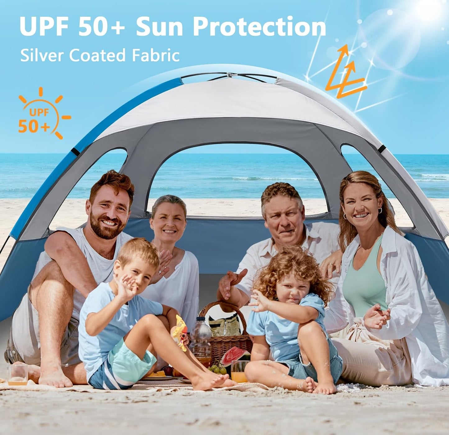 NXONE Beach Tent Sun Shade Shelter for 3/4/6 Person Person with UV Protection, Extended Floor, 3 Mesh Roll Up Windows & 8.0/8.5mm Fiberglass Rods丨Carry Bag Included