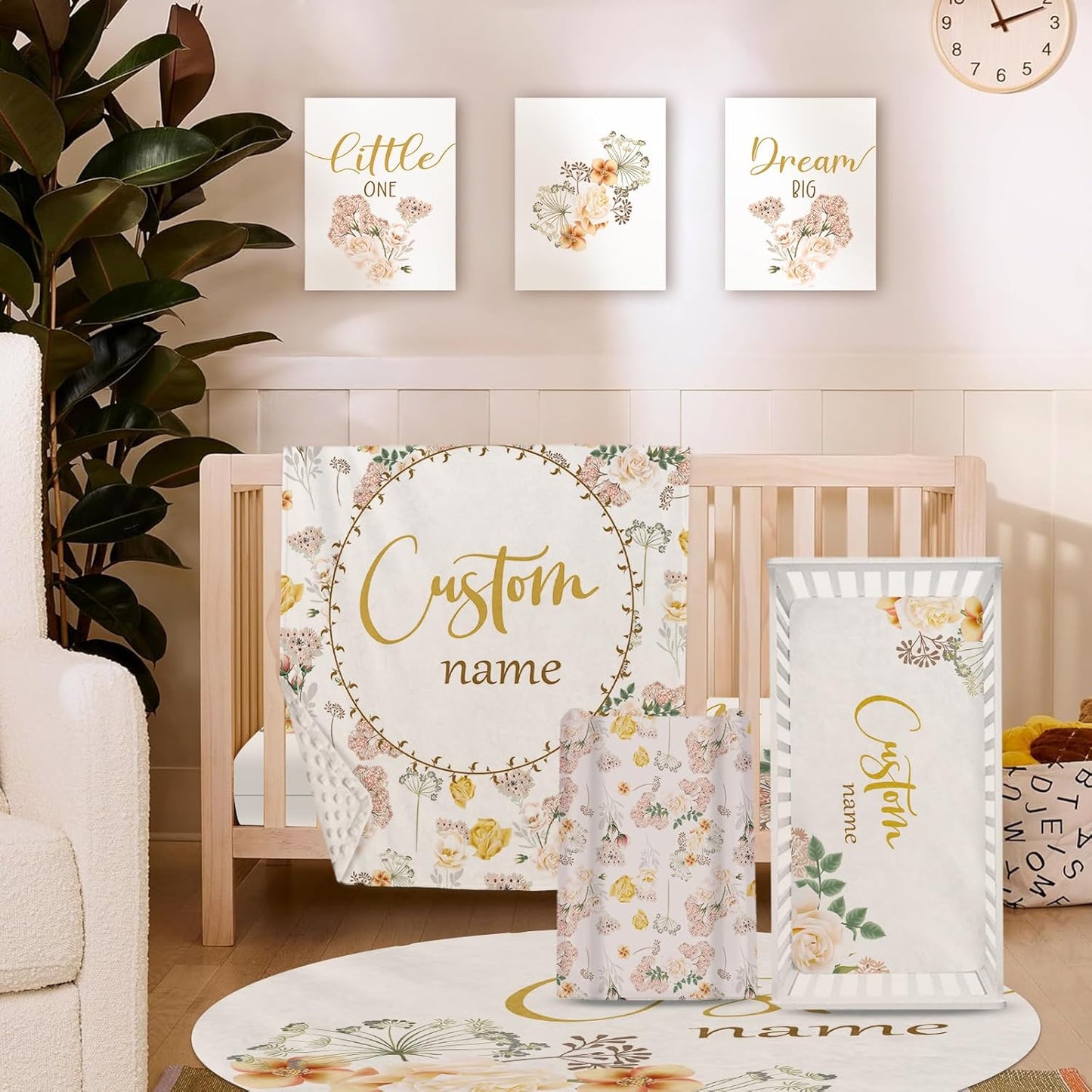 Personalized Baby Crib Bedding Set for Girls, Flower Design Custom Name Baby Crib Sets 5-Pcs, Toddler Double Layer Blanket Fitted Sheets Changing Pad Cover Rug Wall Art Set, Charming Nursery Decor