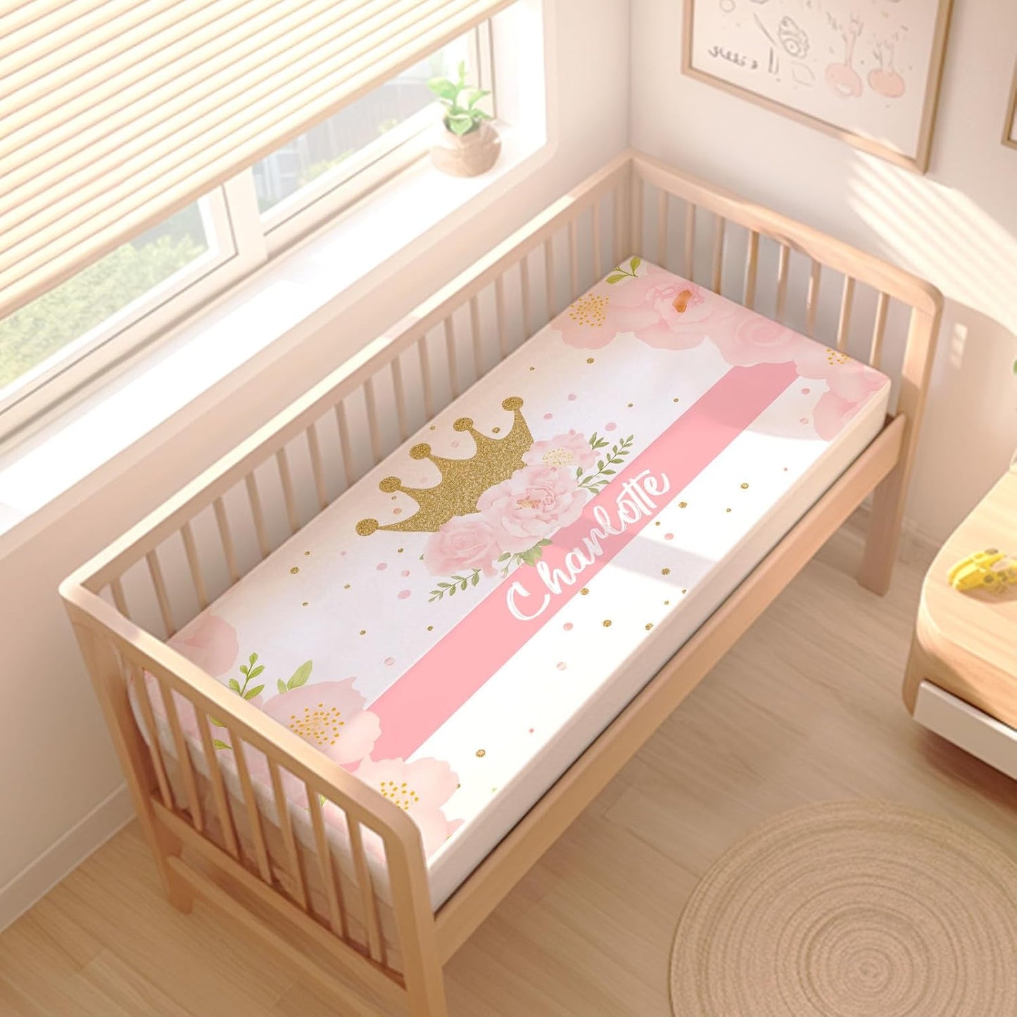 Personalized Baby Girl Crib Bedding Set – Custom Name 3-Piece Nursery Bedding with Crown with Flower, Flannel Blanket, Fitted Sheet & Pillowcase – Shower Gift for Baby Infant & Toddler