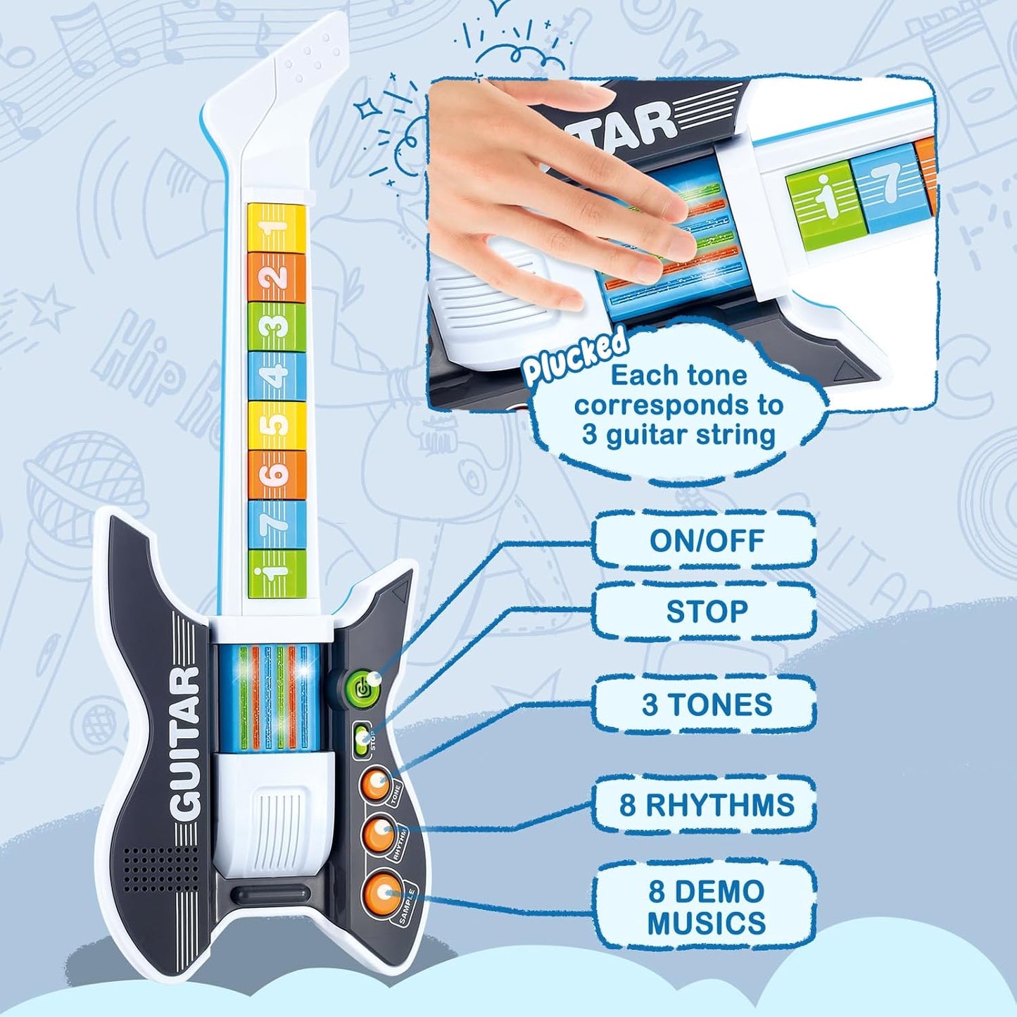 deAO Kids Guitar and Microphone Set with Stand Adjustable Height Music Light Karaoke Music Toys Christmas Birthday Gift for Kids Boys Girls (Black)