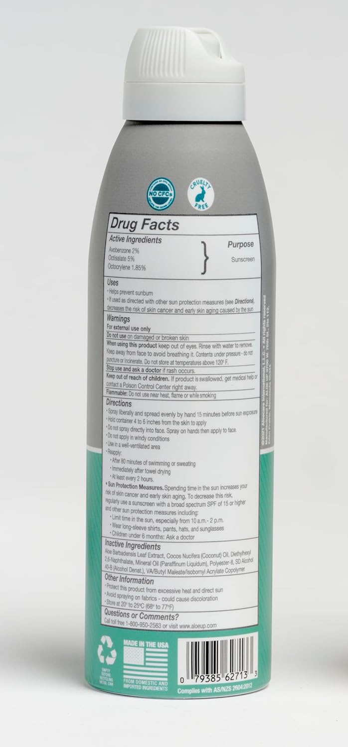 Aloe Up Sport Continuous Spray Sunscreen SPF 15 - Broad Spectrum UVA/UVB Sunscreen Protector for Face and Body - With Aloe Vera Gel - Fast Absorbing Sheer Formula - Reef Safe - Fragrance-Free - 6 Oz