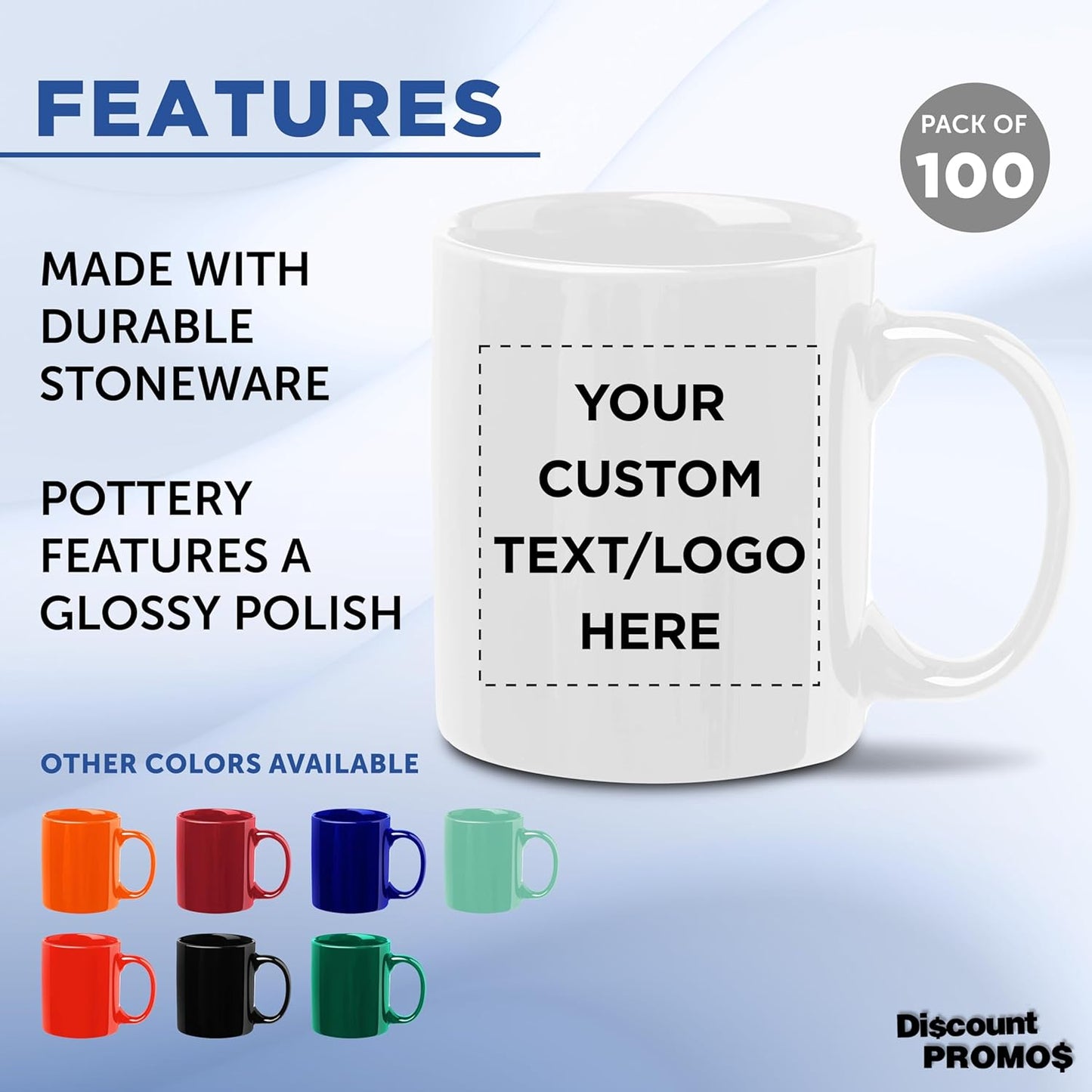 Custom Ceramic Coffee Mugs 11 oz. Set of 100, Personalized Bulk Pack - Coffee cup set, Iced coffee cup, Gaming mug - White