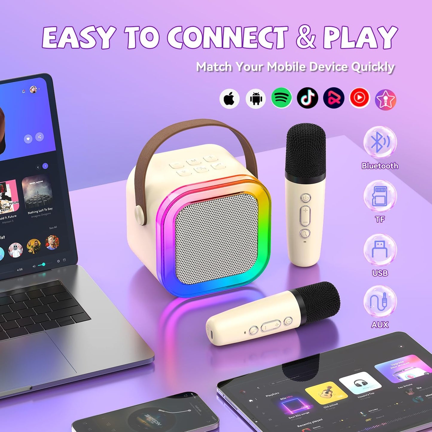 【2025 Newest】 Mini Karaoke Machine for Kids Girls & Boys - Portable Bluetooth Speaker with 2 Wireless Microphones - Kids Birthday Gifts for Ages 4-10 - Kids' Instrument Accessories - Beige
