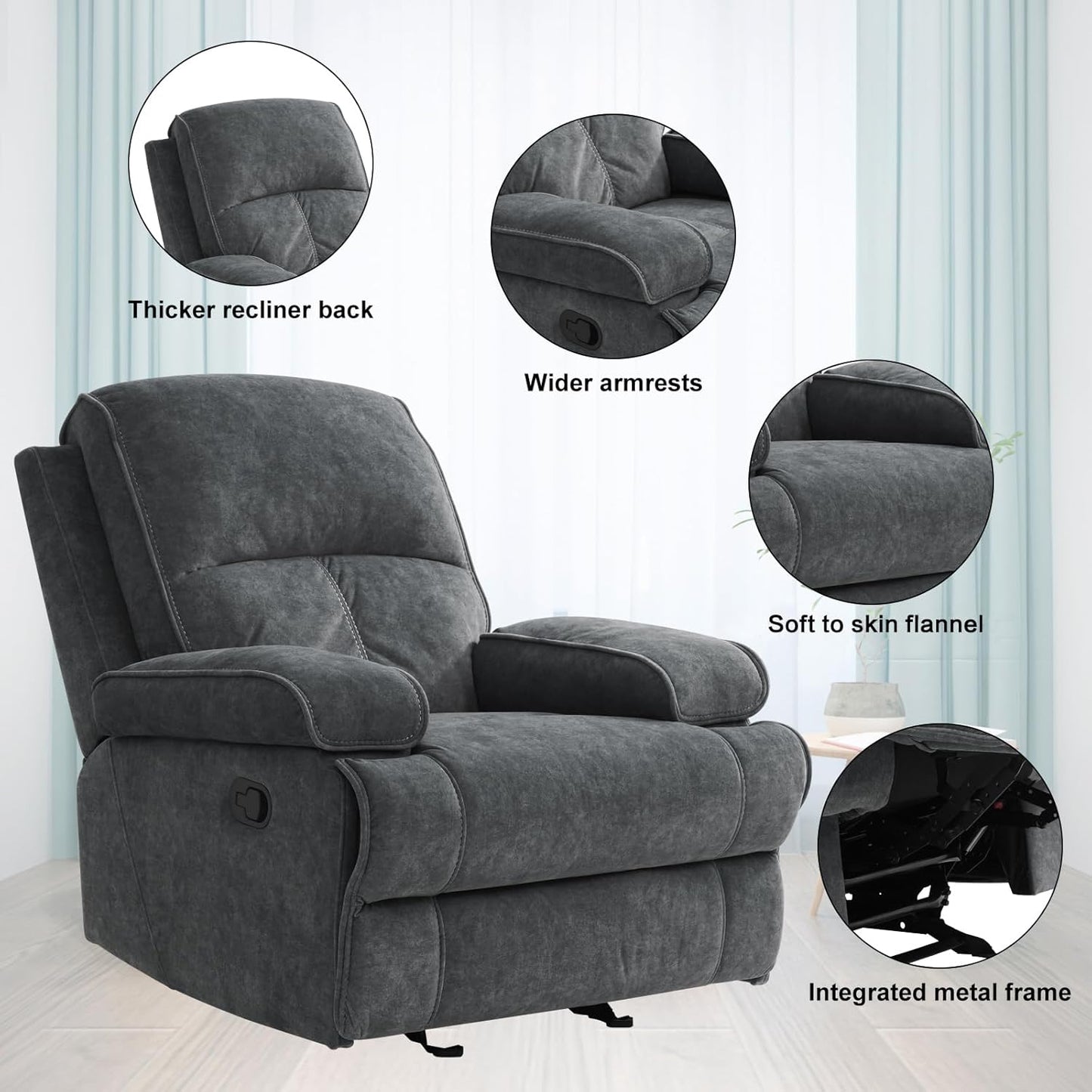 Rocker Recliner Chair for Adults, Manual Glider Chair for Nursery, Reclining Single Sofa Chair for Living Room, Upholstered Fabric Armchair, High Back, Deep Seat, Dark Grey