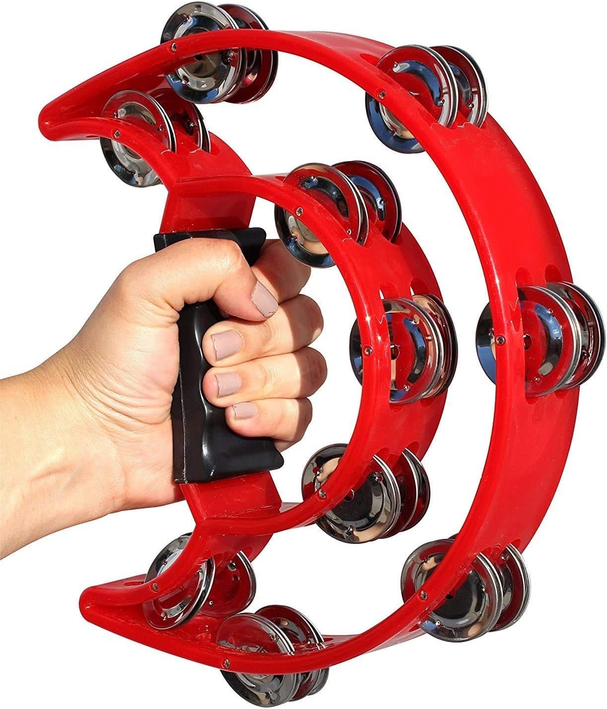EastRock Double Row Tambourine,Metal Jingles Hand Held Percussion-Half Moon Tambourine for Kids, Adults, KTV, Party (Red)