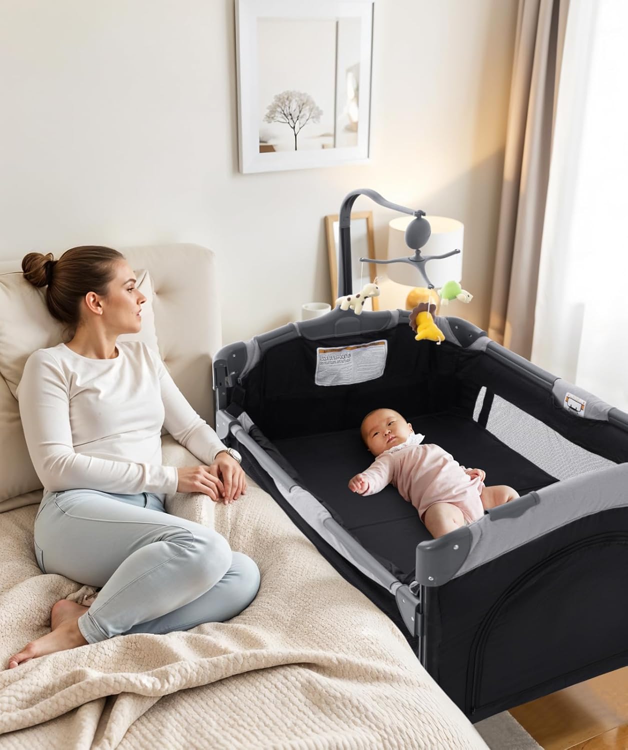 5 in 1 Baby Crib,Bedside Sleeper Bassinet,Pack and Play with Bassinet and Changing Table,Portable Travel Playpen Music Box,Portable Travel Crib for Infant Newborn (Black Gray)