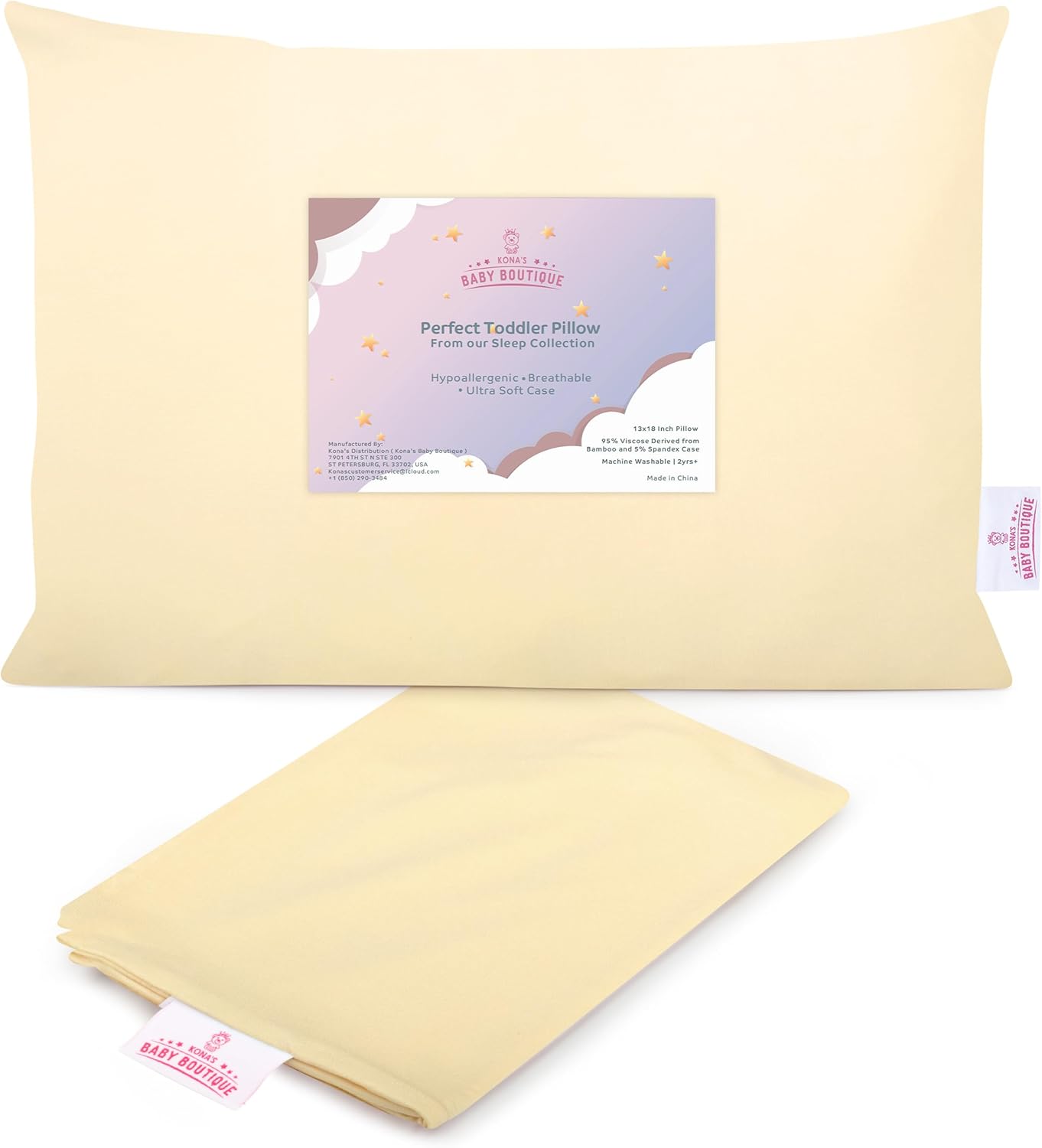 Creamy Yellow - Kona's Perfect Toddler Pillow with Softest Toddler Pillowcase - 13 x 18 inch Toddler Pillow - Toddler Pillow 2 Year Old, Toddler Pillow 3 Year Old