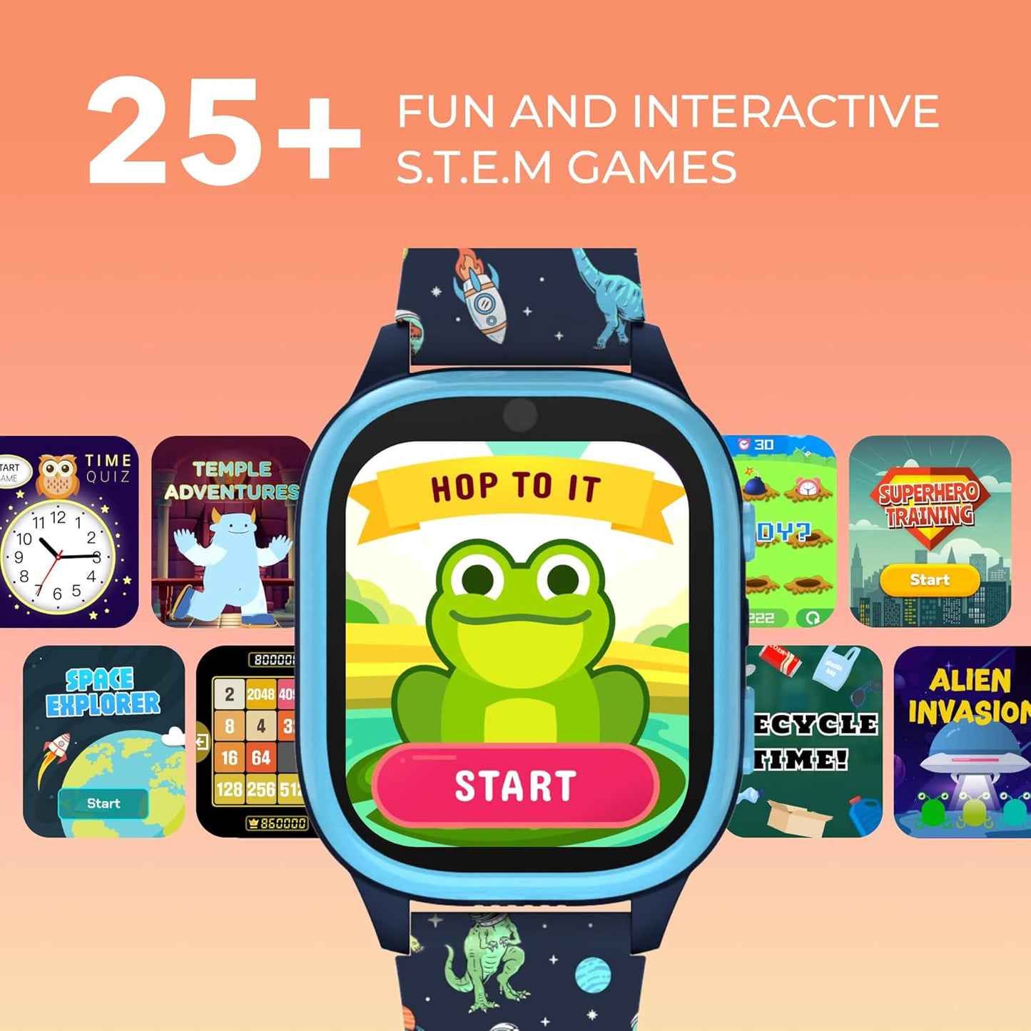 PlayZoom 4 Kids Smartwatch, Educational Tech Toy – 25+ Games, Selfie Camera, Audiobooks, Step Tracker, Water‑Resistant, Parental Controls, Long Battery, Ages 4‑12, Navy Dinosaurs