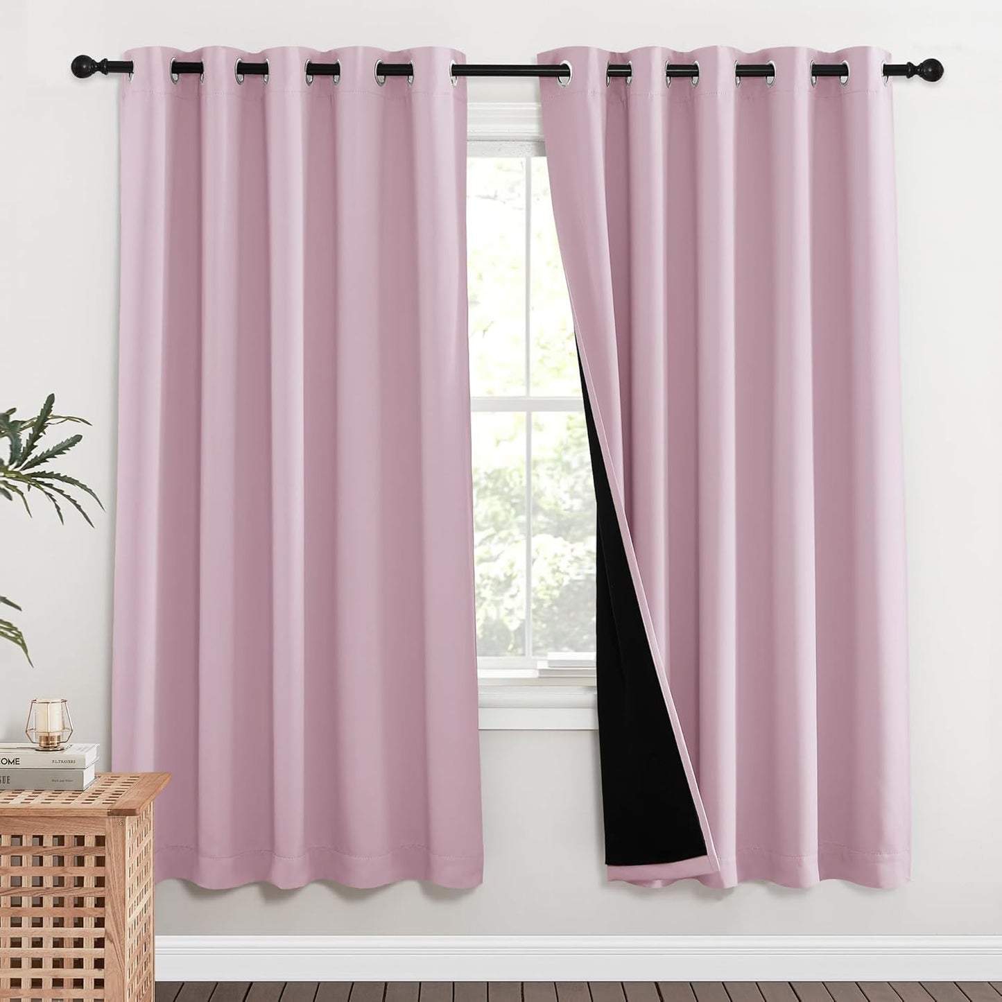NICETOWN 100% Blackout Window Curtain Panels, Baby Pink, 2 Pieces, 70-inch Wide Per Panel, Full Light Blocking Drapes with Black Liner for Nursery, 72-inch Drop Thermal Insulated Draperies