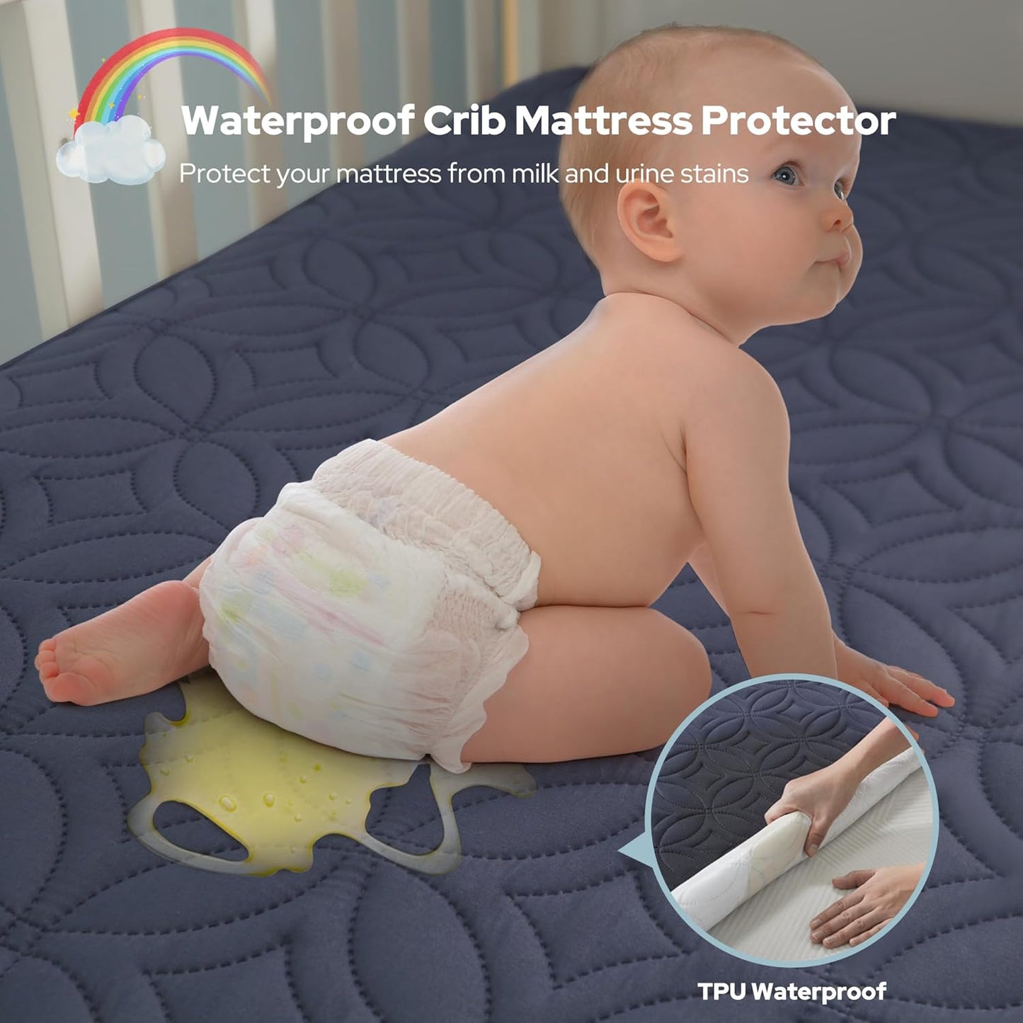 Waterproof Crib Mattress Protector 2 Pack, Soft and Breathable Crib Mattress Pad Cover, Noiseless Machine Washable Toddler Mattress Protector for Standard Baby Toddler Bed (52''x28'',Navy Blue)