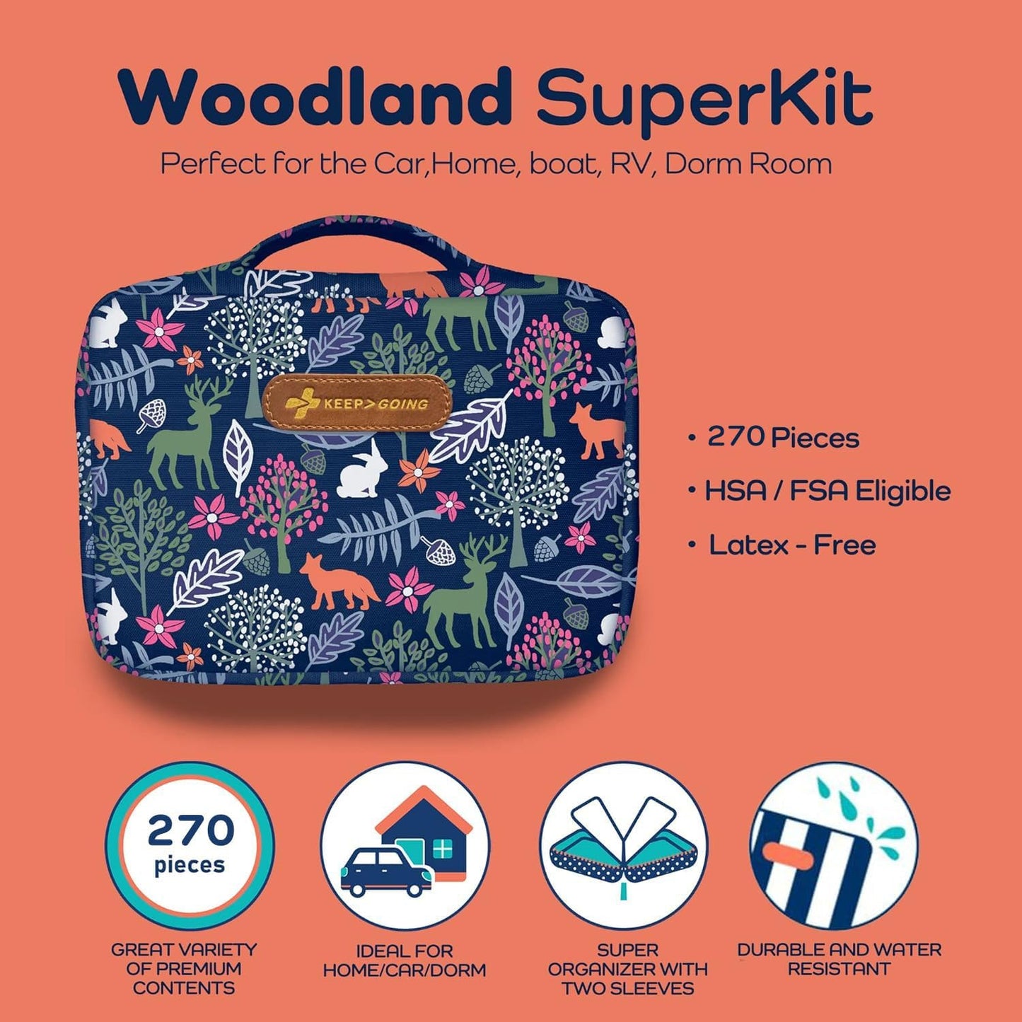 KeepGoing Large Home First Aid Kit for Kids – 270 Pc. for Car, Home, Dorm, & Boat with Latex-Free Bandages – 10 x 7 x 3.5 in. Travel First Aid Kit (Woodland)