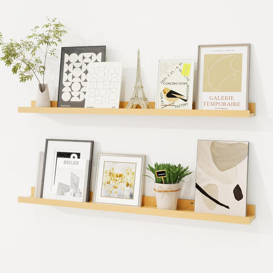 Picture Ledge Shelf, Solid Pine Wood Floating Shelves Set of 2, 32 Inches Nursery Book Shelves for Toys Storage, Kids Bookshelf Wall Mounted for Living Room Bedroom Decor Books Photo Frames, Natural