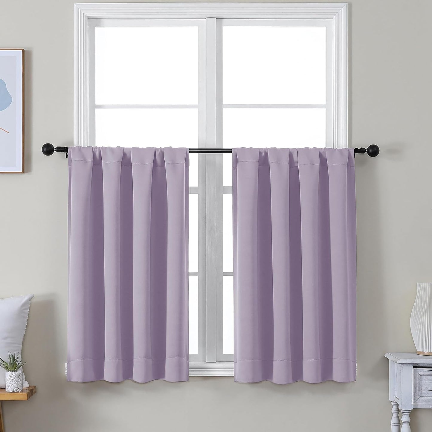 Simplebrand Ava Lilac Short 36 Inches Blackout Curtain 2 Panels Set, Half Window Rod Pocket Privacy Curtain Tiers for Kitchen, Curtains Blackout for Bathroom Shades, W40 x L36 Inch, Lilac