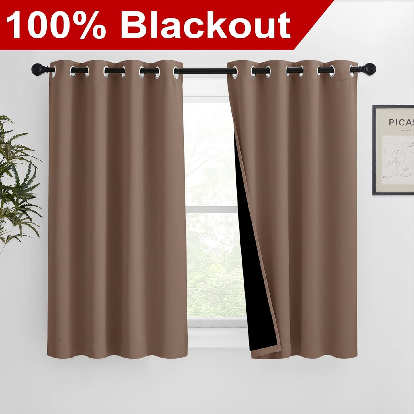 NICETOWN Bedroom Full Blackout Curtain Panels, Super Thick Insulated Window Covers, Keeping Out Cold Air and Heat 100% Blackout Blinds with Black Liner (Cappuccino, Set of 2, 46 by 54-inch)