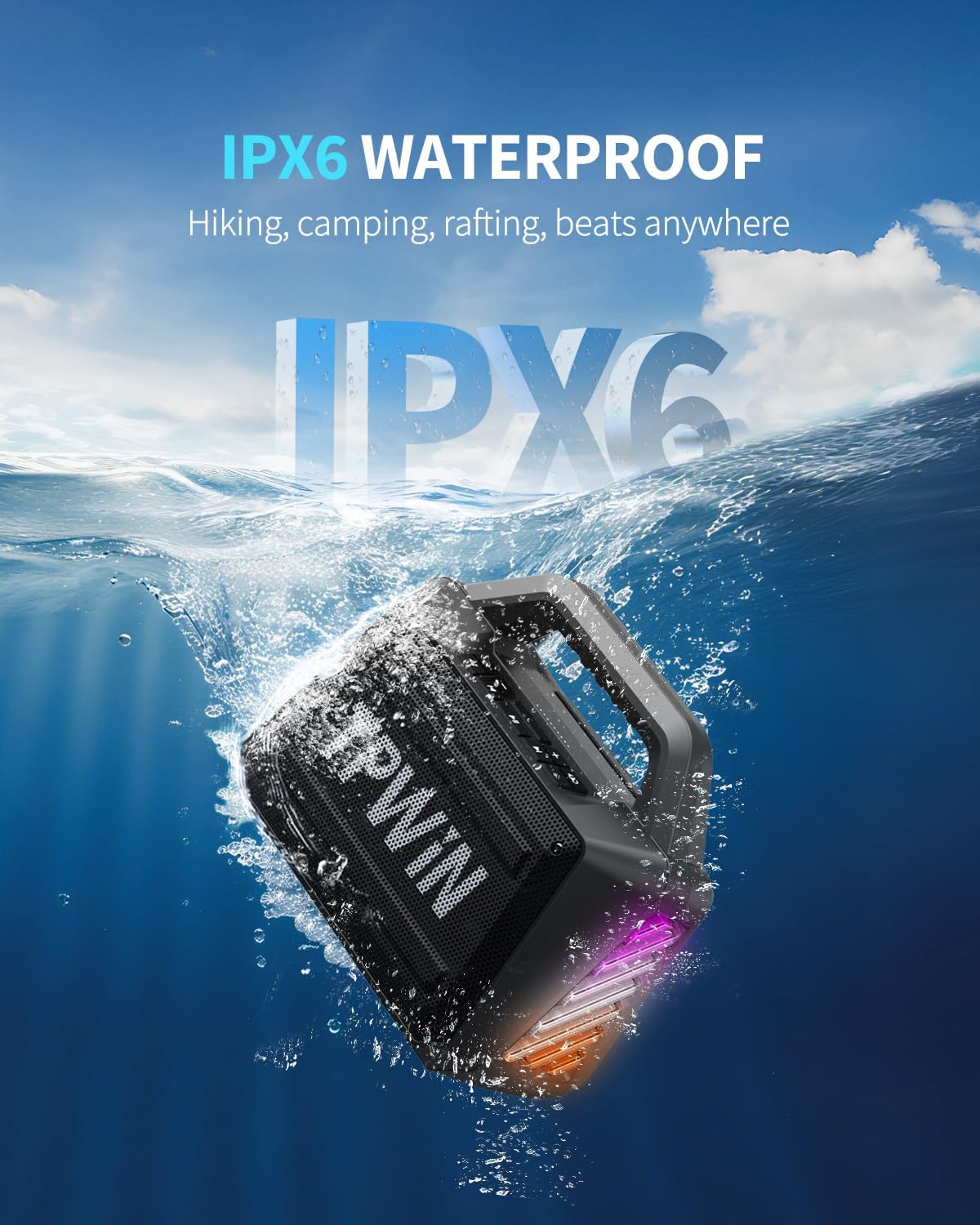 Bluetooth Speaker - 80W Loud, Rugged Outdoor Speakers, IPX6 Waterproof, 20H Playtime, Deep Bass, Lightshow, TWS, BT 5.3 Wireless, Portable for Travel Hiking Camping Beach Pool - Black