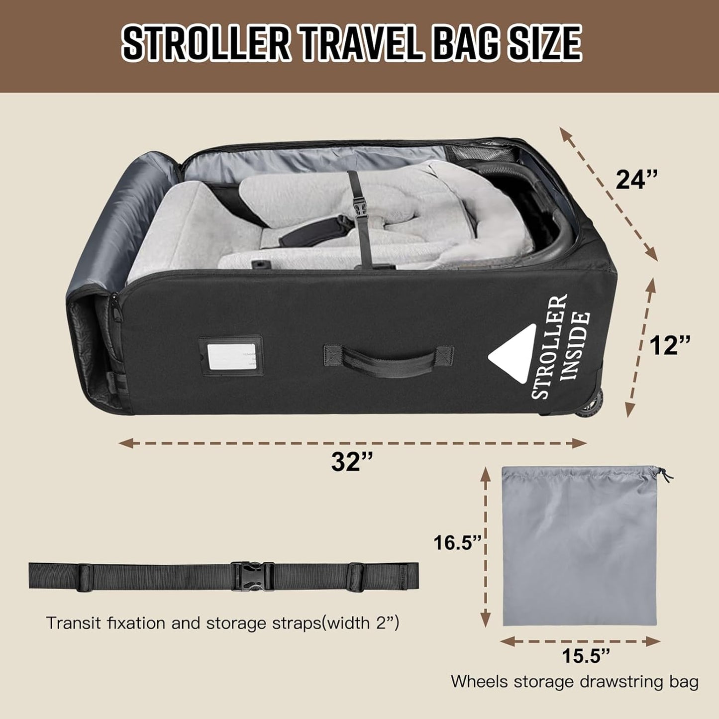 RAYMACE Padded Stroller Travel Bag for Airplane,Stroller Gate check bag with Wheels Compatible with UPPAbaby Vista,Vista V2,Cruz,Cruz V2, Travel Safe Protection Storage Bag,Patterned Design,Black