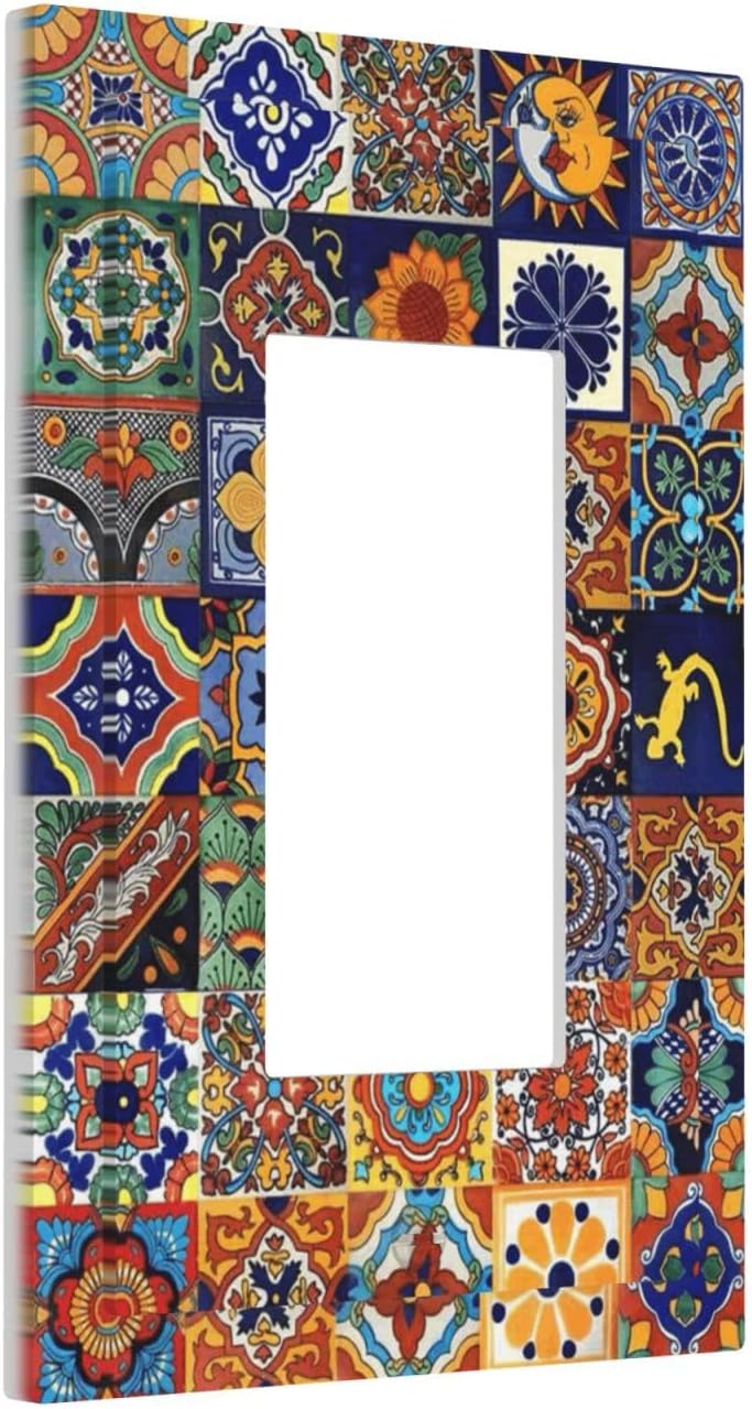 Talavera Mexican Tiles Traditional Color Decoration Print Decorative Outlet Covers 1 Gang Single Rocker Light Switch Cover Plate Wall Plates GFCI Faceplate for Kitchen Bathroom Decor