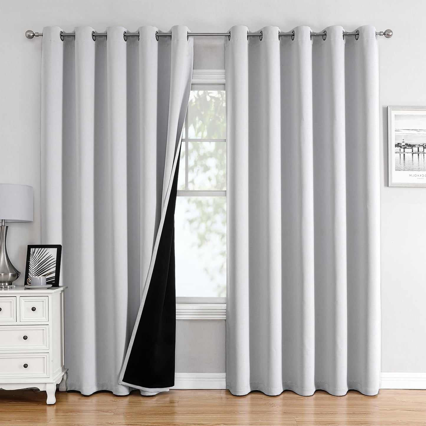 ChrisDowa 100% Blackout Curtains 84 inch Long for Bedroom with Black Liner, Extra Wide 2 Layers Total Blackout Thermal Insulated Grommet Window Curtains 2 Panels Set (Greyish White, 60 x 84 Inch)