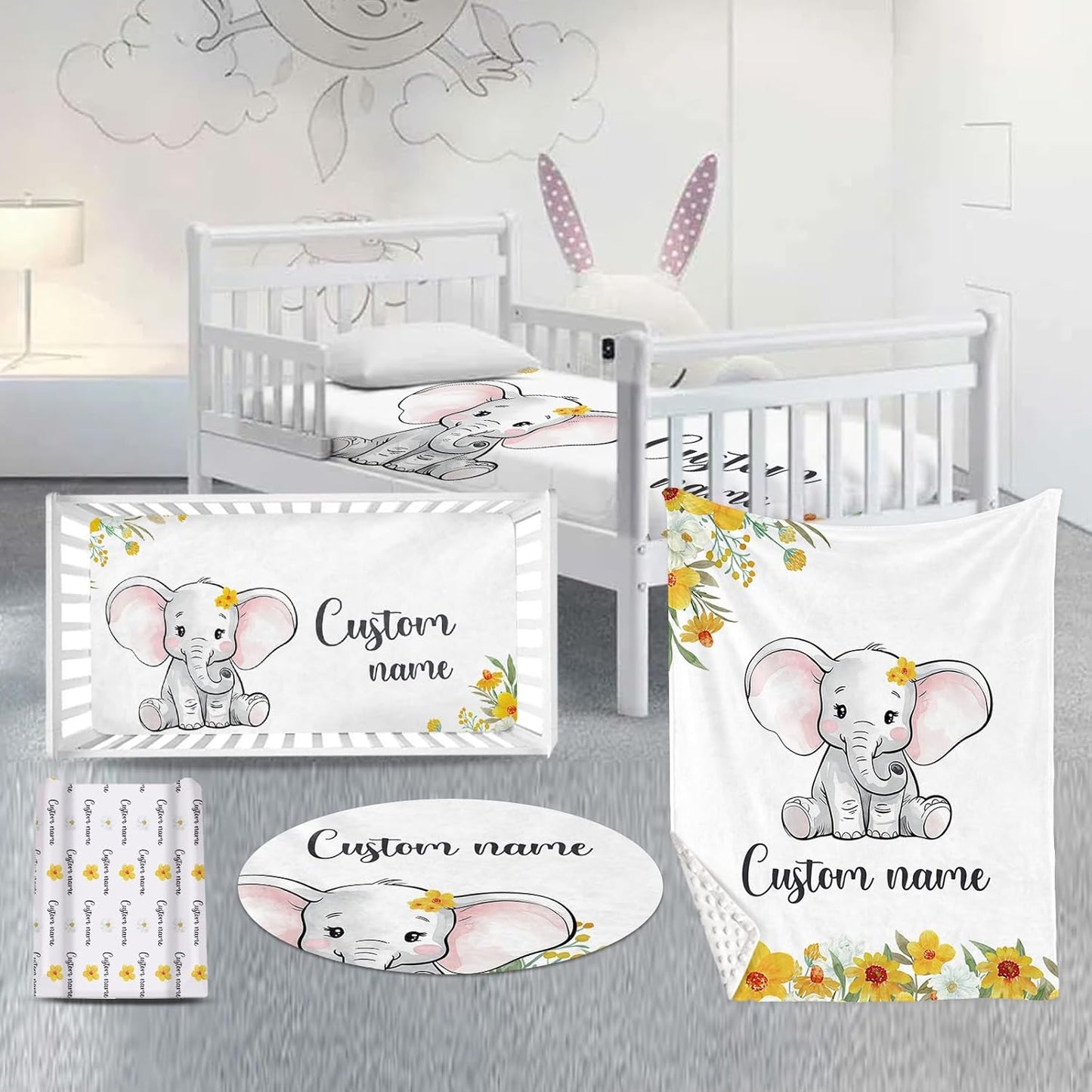 Custom Nursery Crib Bedding Set: 4 Piece Yellow Floral Elephant Design Baby Crib Sets for Girls with Personalized Name - Toddler Double Layer Blanket Set, Comfortable Crib Bed Sheets for Baby Toddlers