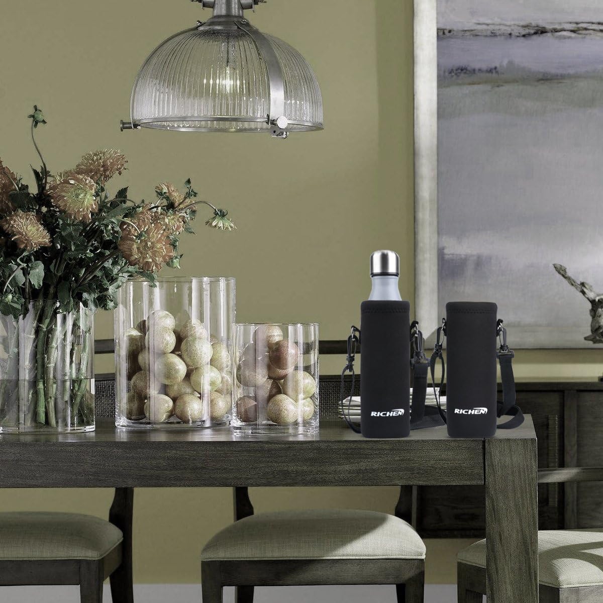 RICHEN Neoprene Water Bottle Carrier Bag with Adjustable Shoulder Strap,Insulated Water Bottle Cover for Stainless Steel/Glass/Plastic Bottles