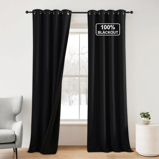 NICETOWN 100% Blackout Plylux Curtains for Living Room 2 Panels - Completely Blackout Window Drapes Thermal Insulate Smart Curtians for Nursery Patio Glass Door, Grommet Top (52 by 95 inches, Black)