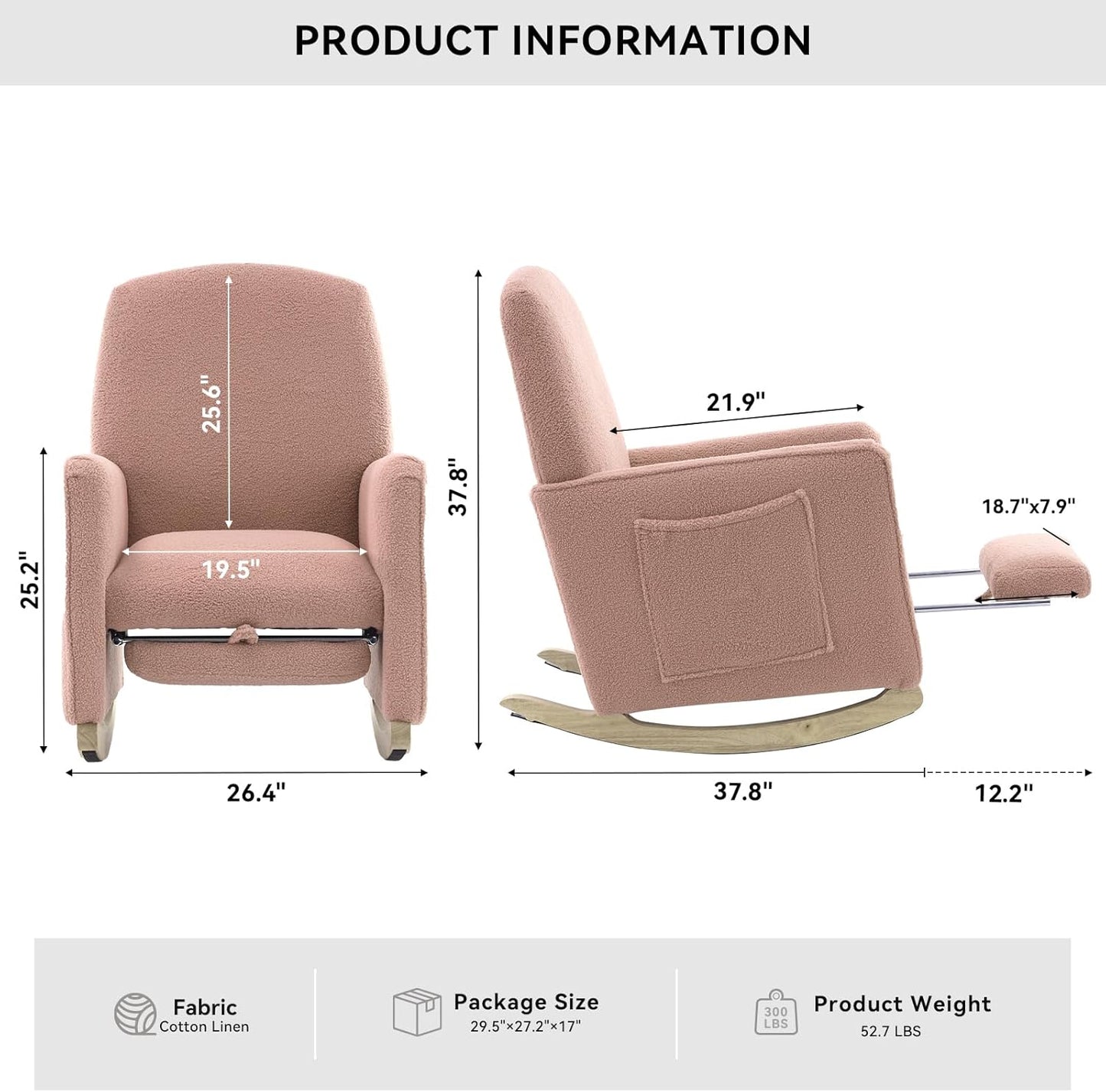 FOXHUNTER Rocking Chair Nursery with Adjustable Footrest and High Backrest, Upholstered Glider Chairs with Side Pockets for Nursery, Rocker Armchair Indoor for Living Room,Pink