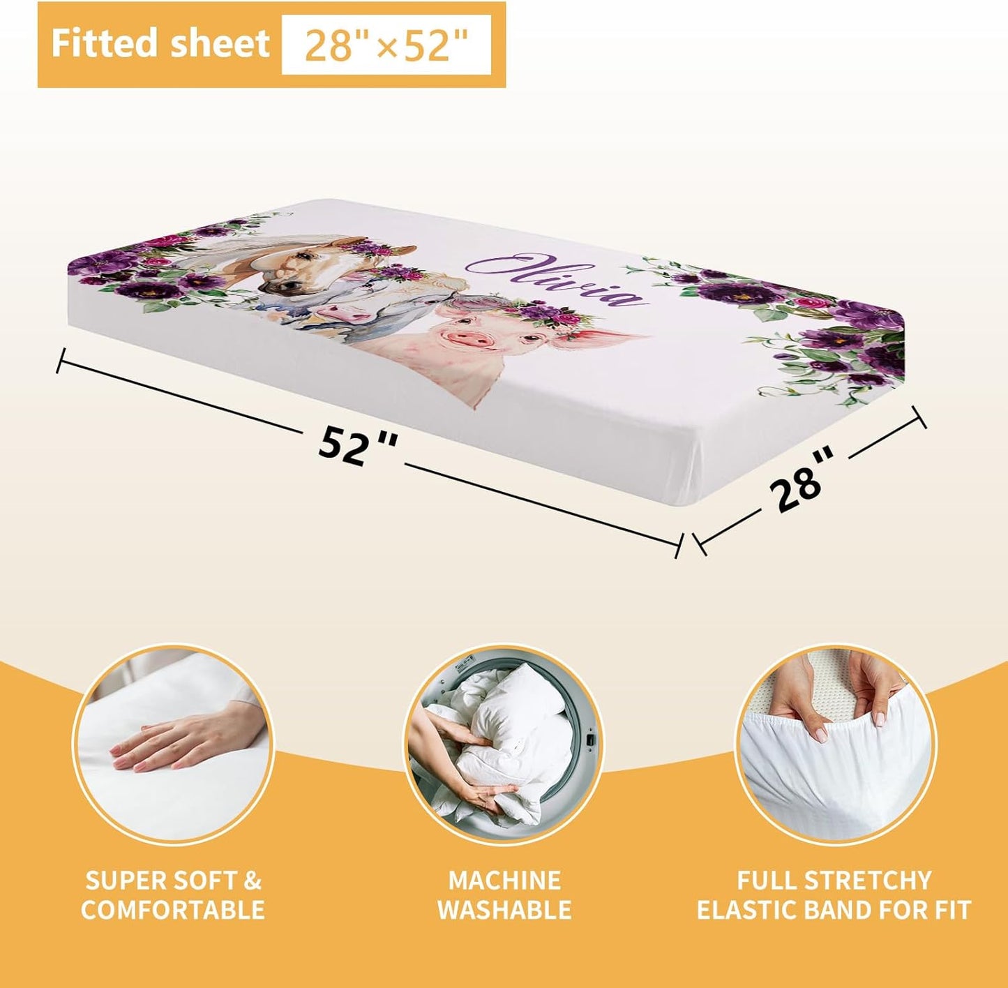 Custom Baby Crib Bedding Set, 5 Pcs Personalized Name Baby Crib Sets for Infant Toddler, Floral Horse Nursery Bedding Set for Baby Girls, Double Layer Baby Bedding Sets, Gifts for New Parents